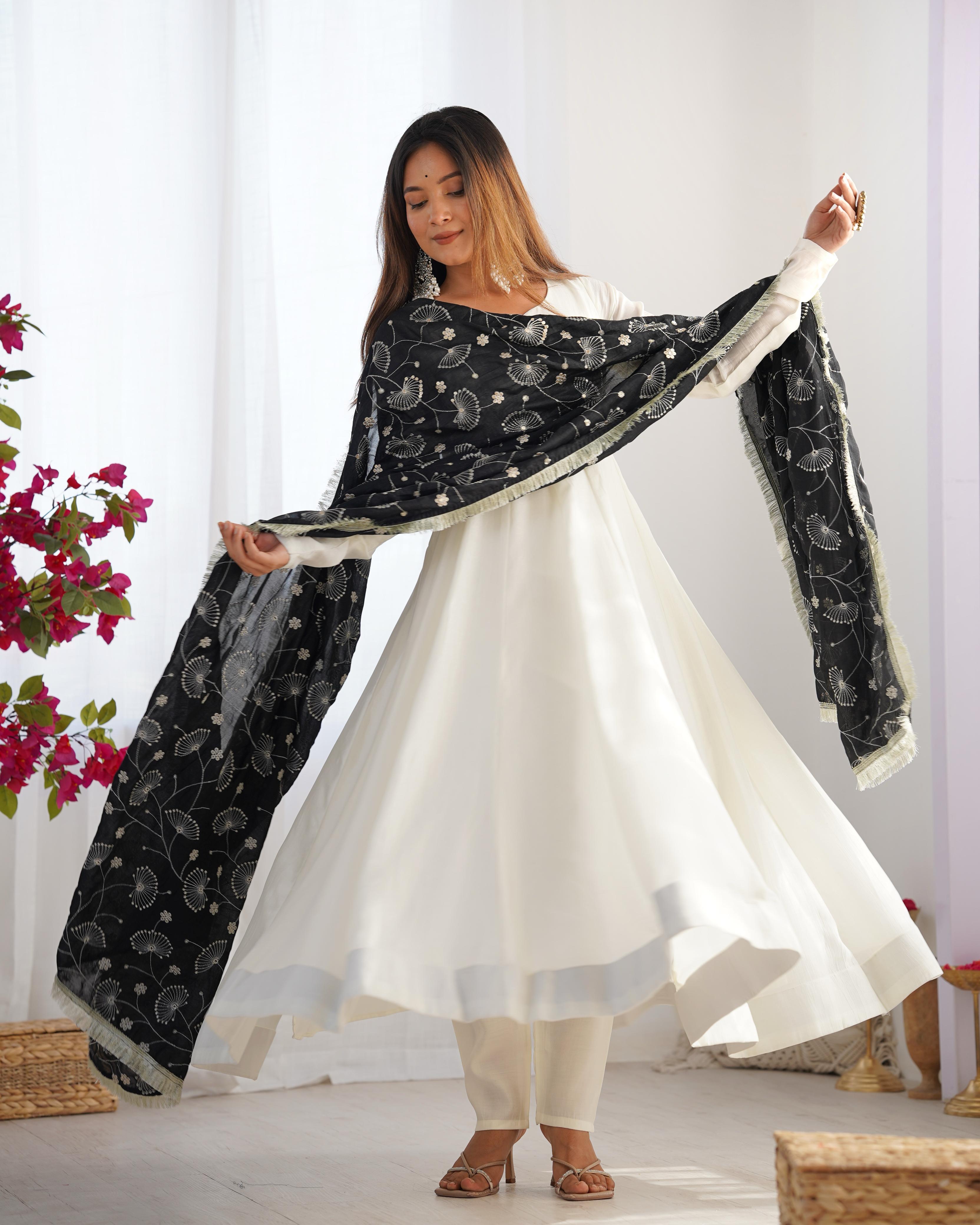 White Pure Soft Vichitra Silk Anarkali Suit Set With Huge Flair, Black Dupatta & Pant