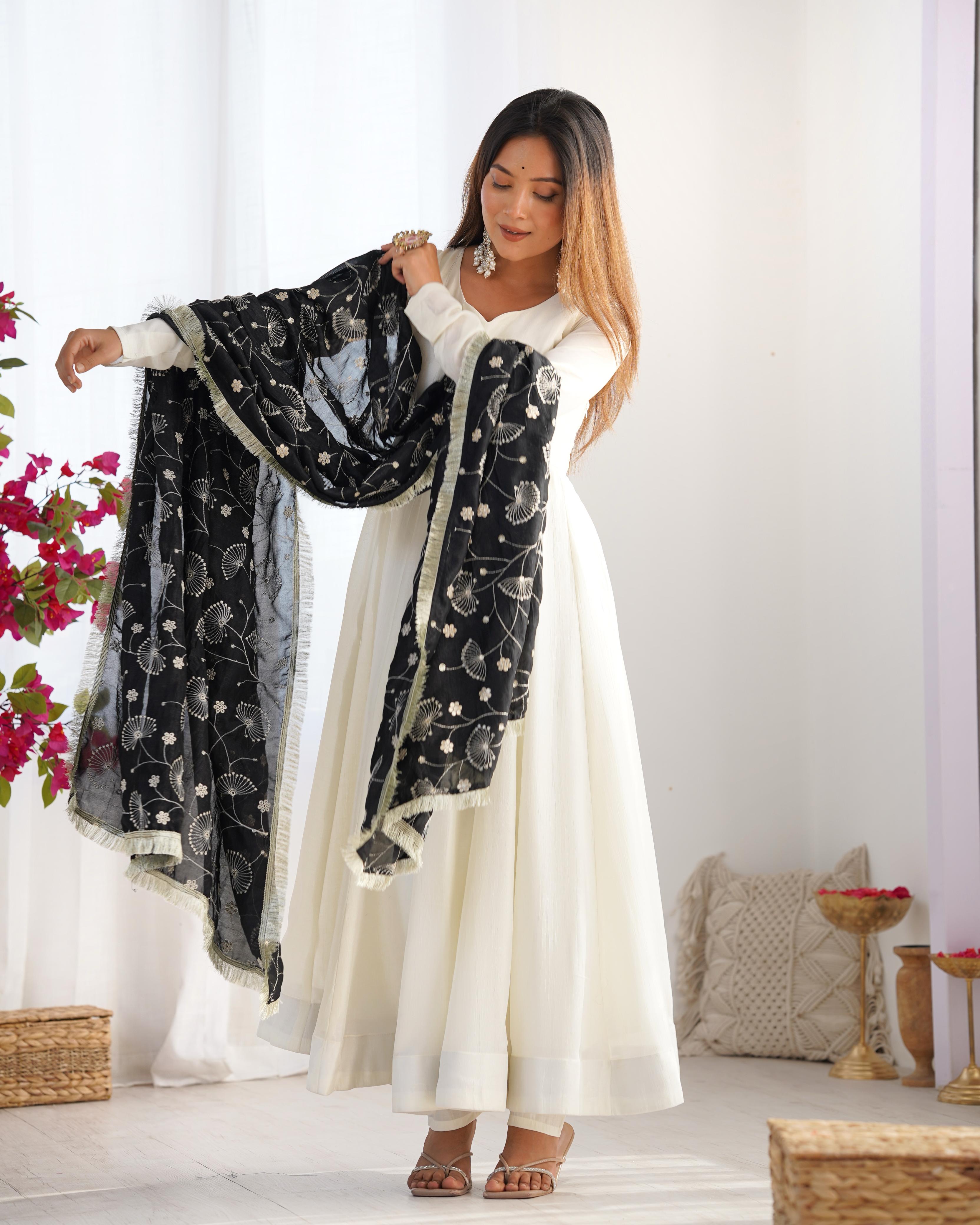 White Pure Soft Vichitra Silk Anarkali Suit Set With Huge Flair, Black Dupatta & Pant