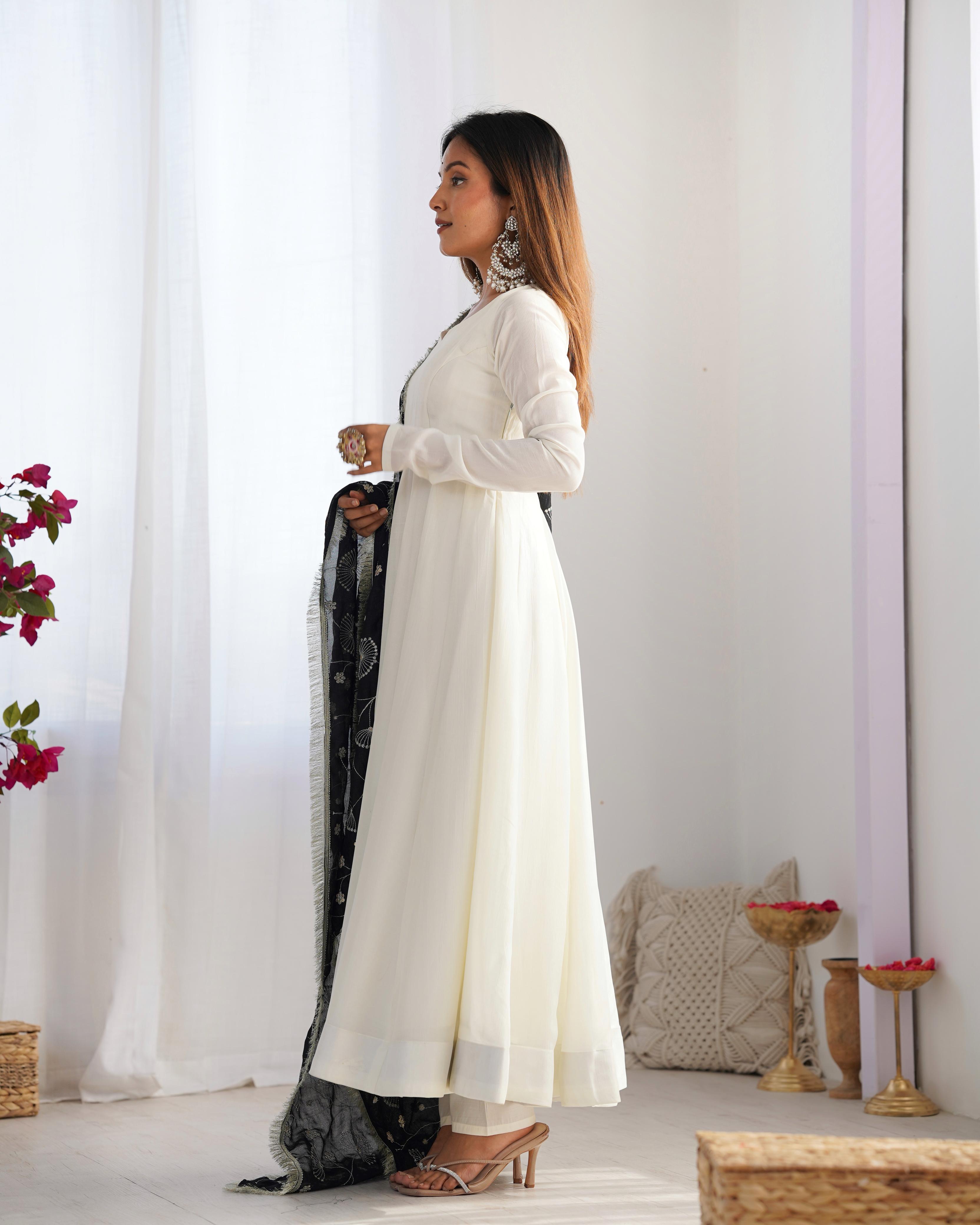 White Pure Soft Vichitra Silk Anarkali Suit Set With Huge Flair, Black Dupatta & Pant