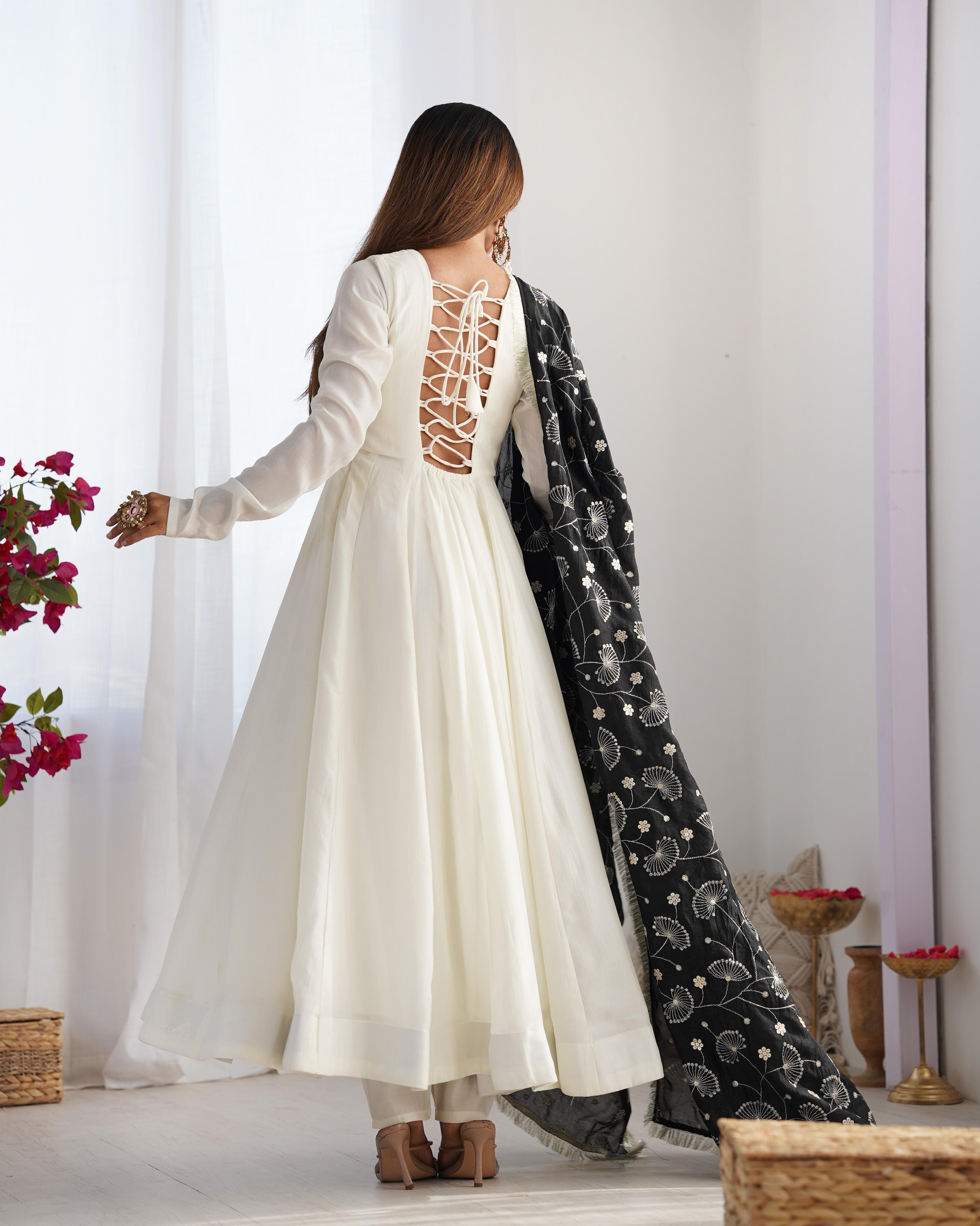 White Pure Soft Vichitra Silk Anarkali Suit Set With Huge Flair, Black Dupatta & Pant