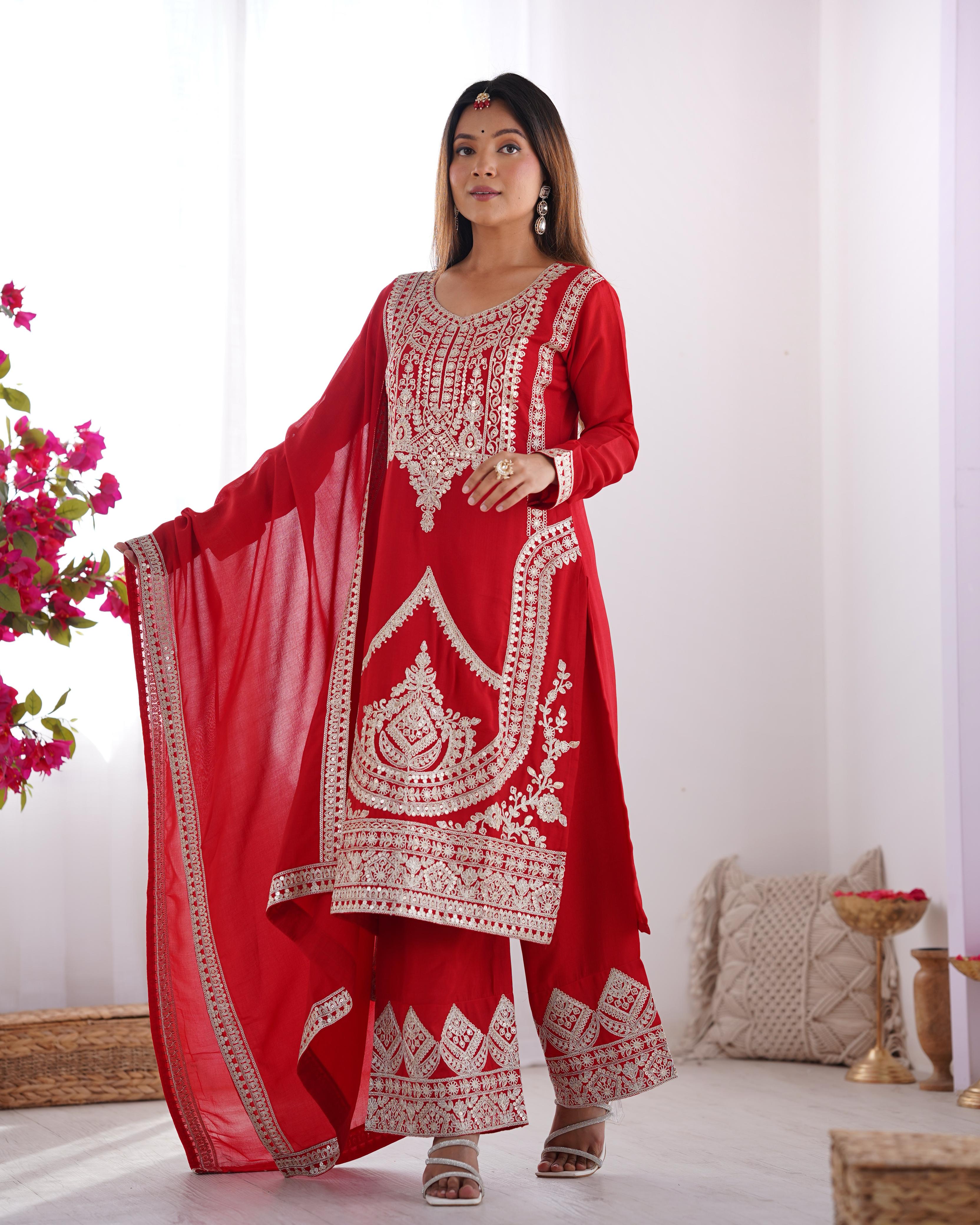 Red Pure Vichitra Silk Kurta Suit Set With Dupatta & Pant