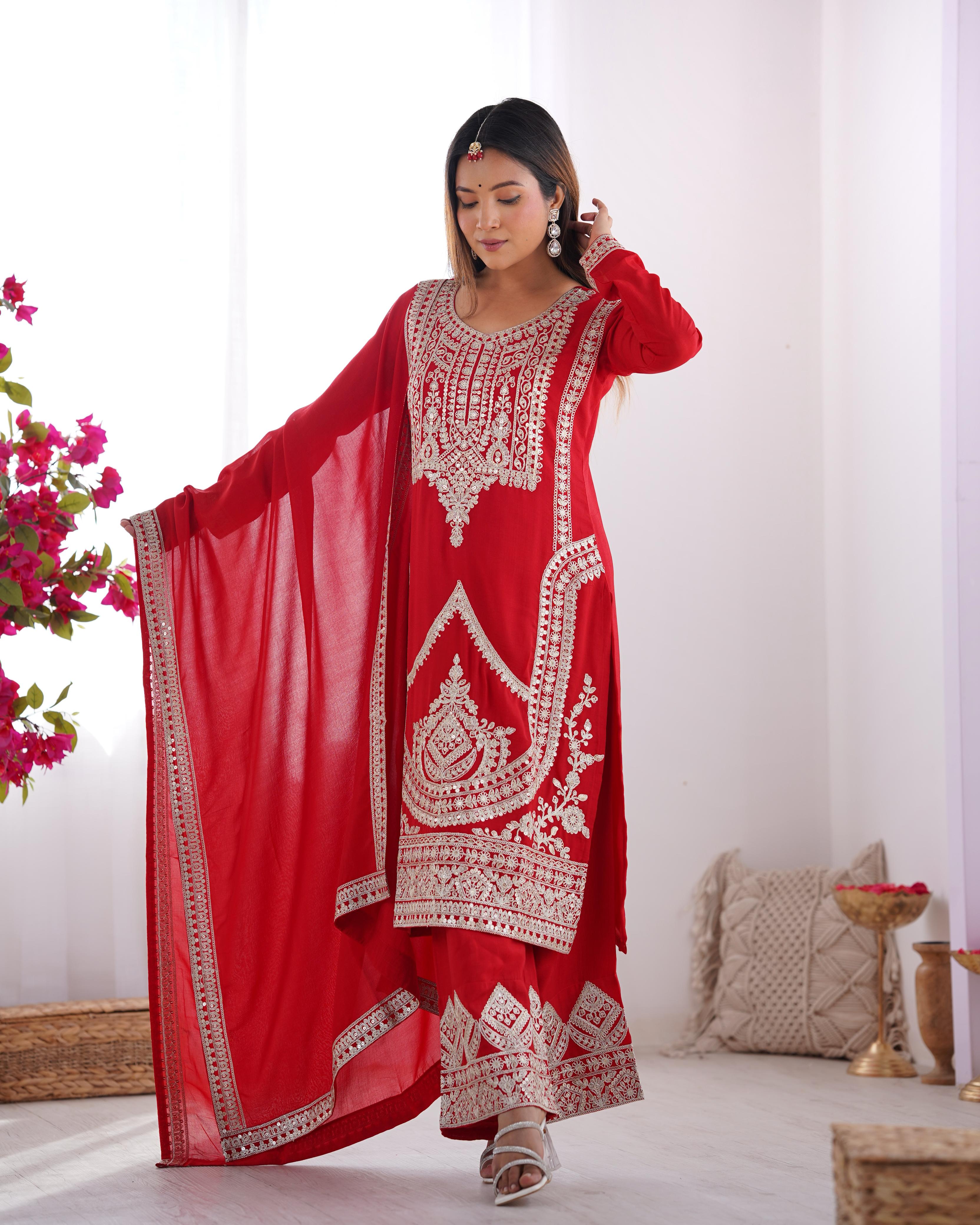 Red Pure Vichitra Silk Kurta Suit Set With Dupatta & Pant