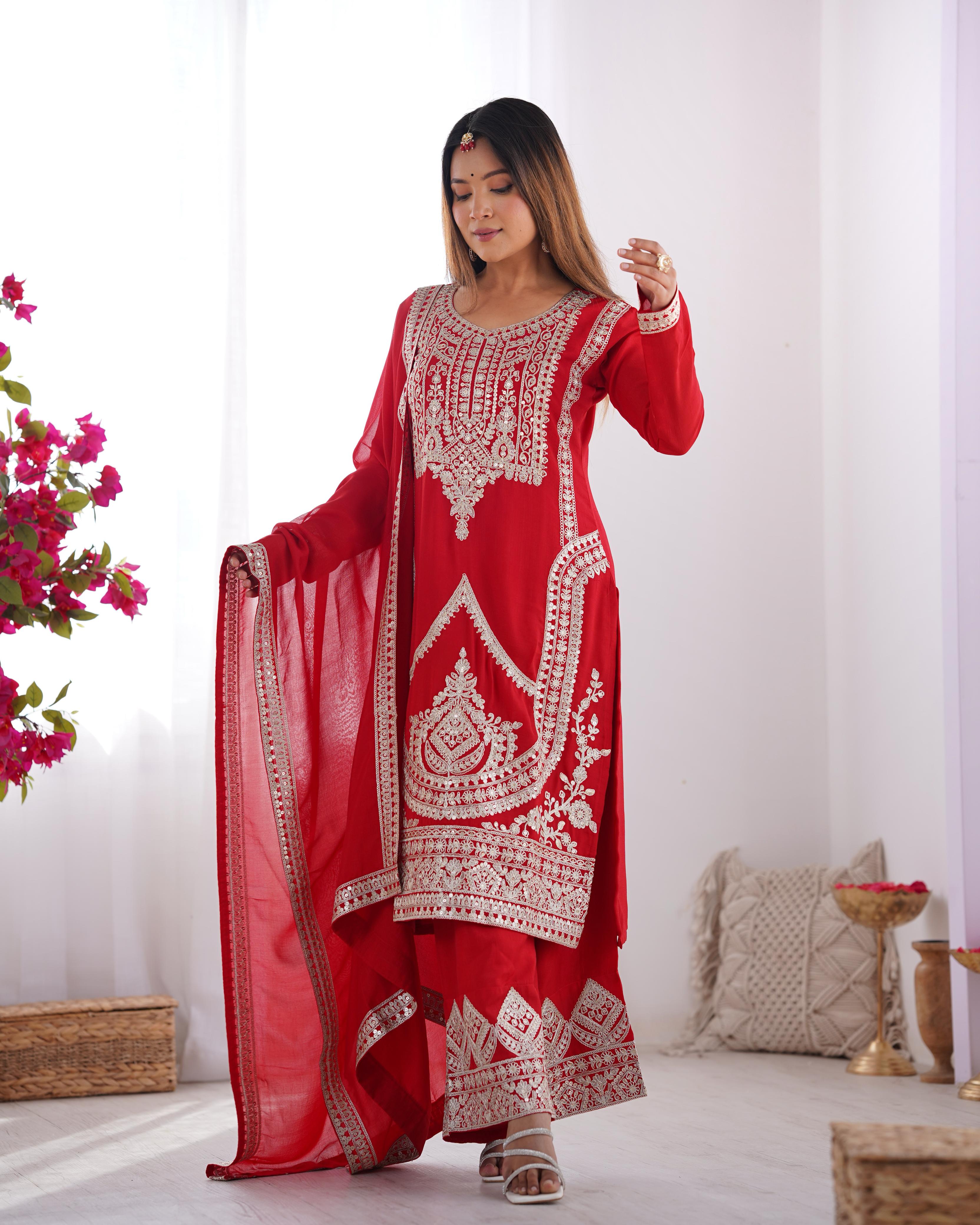 Red Pure Vichitra Silk Kurta Suit Set With Dupatta & Pant
