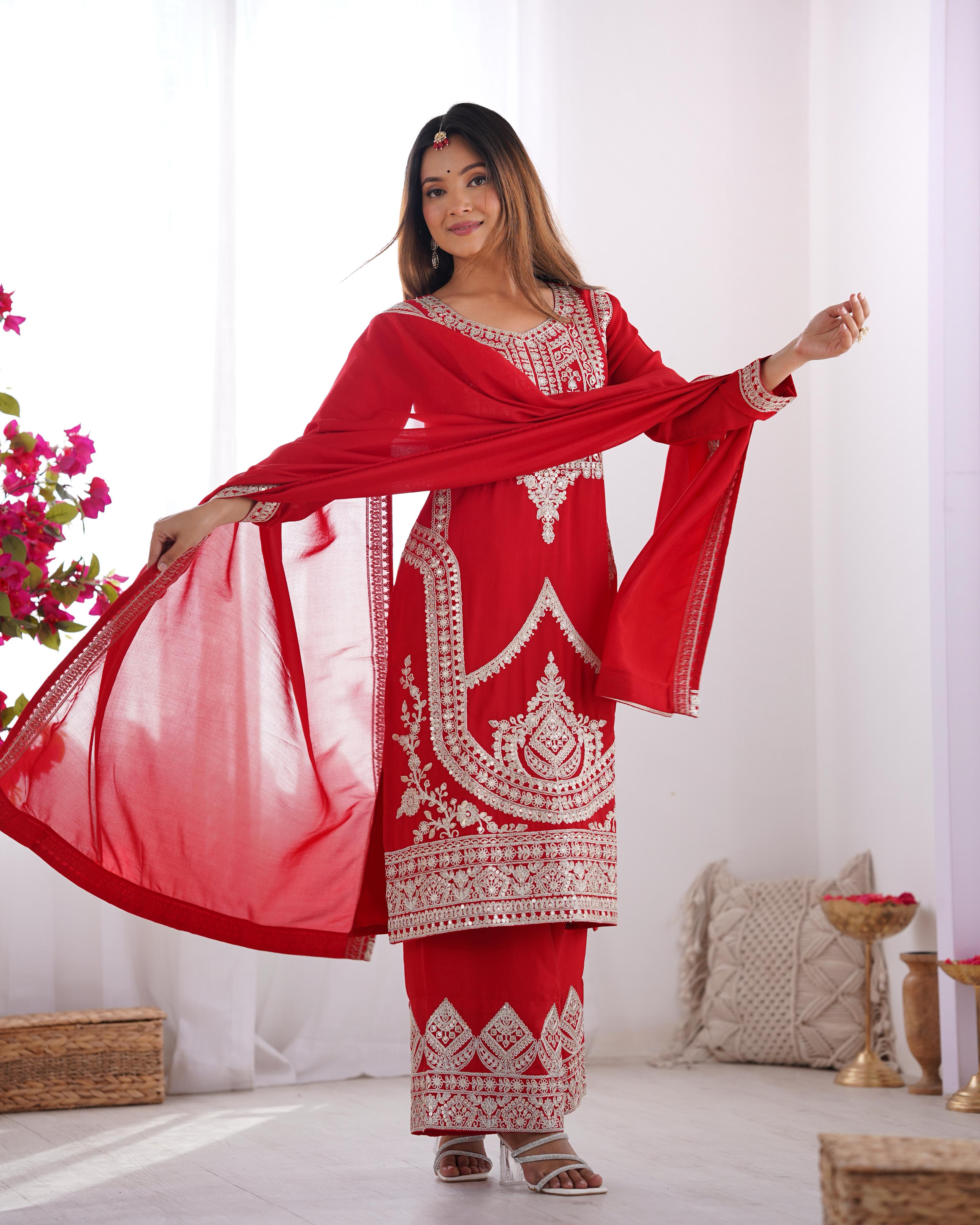 Red Pure Vichitra Silk Kurta Suit Set With Dupatta & Pant