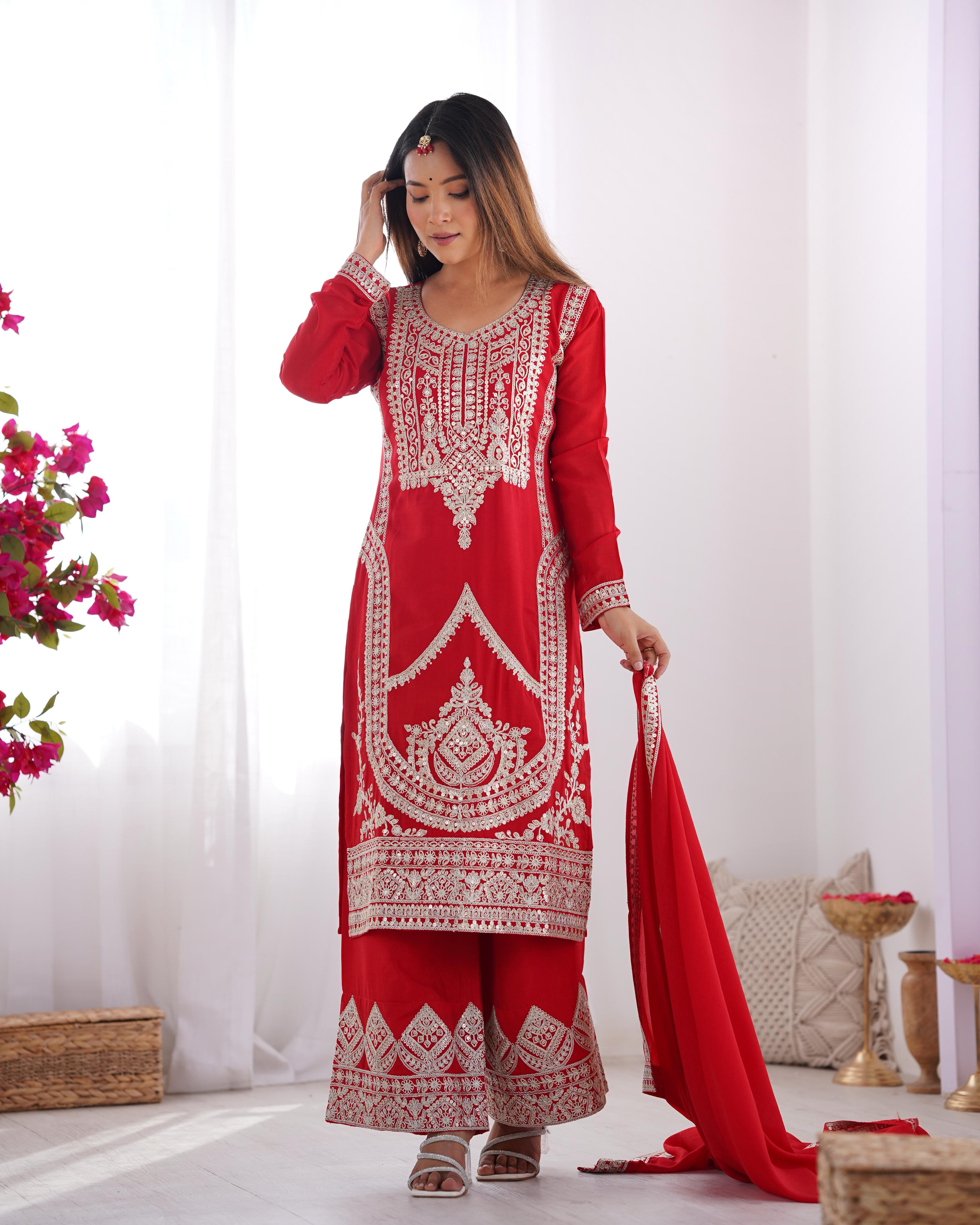 Red Pure Vichitra Silk Kurta Suit Set With Dupatta & Pant