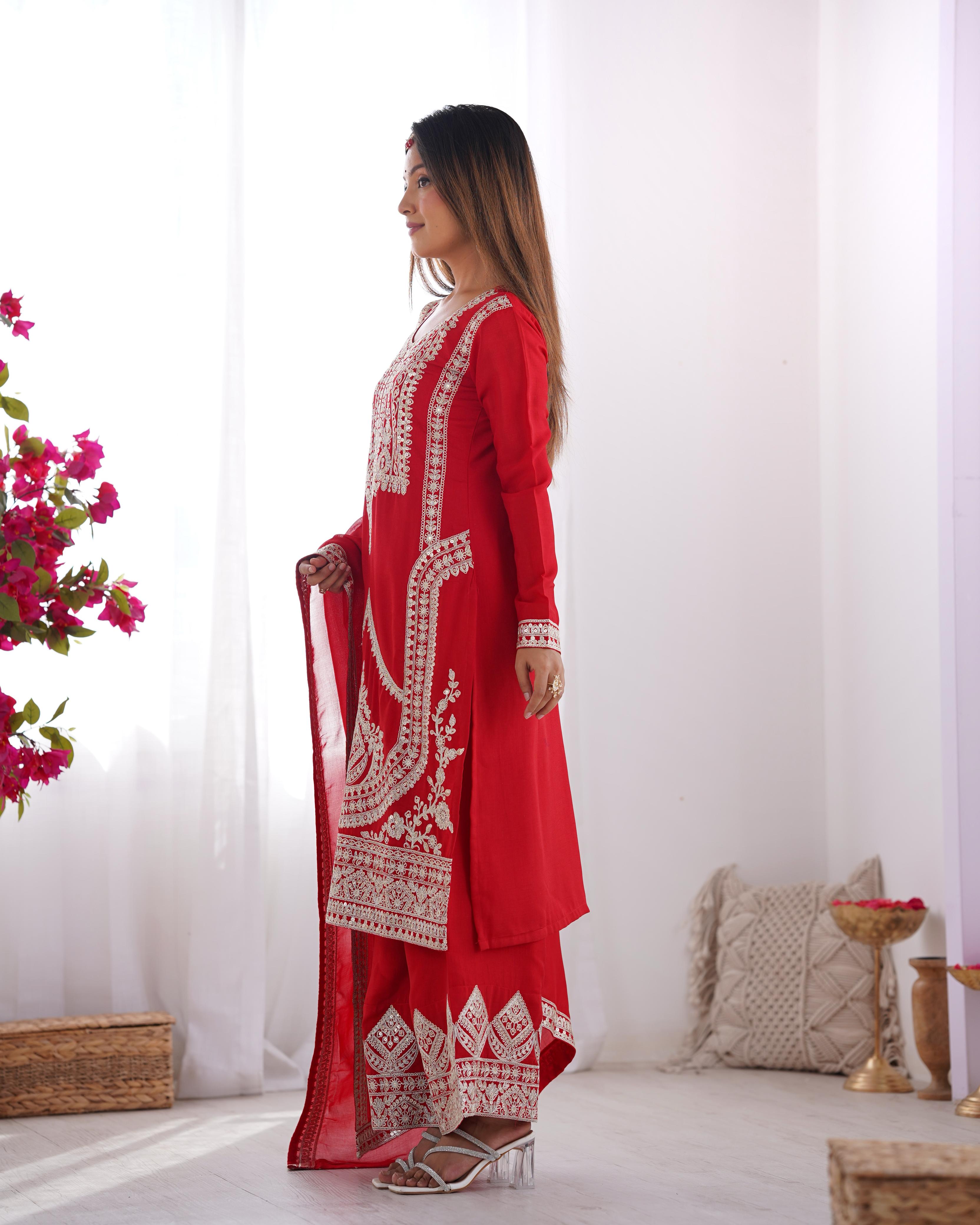Red Pure Vichitra Silk Kurta Suit Set With Dupatta & Pant
