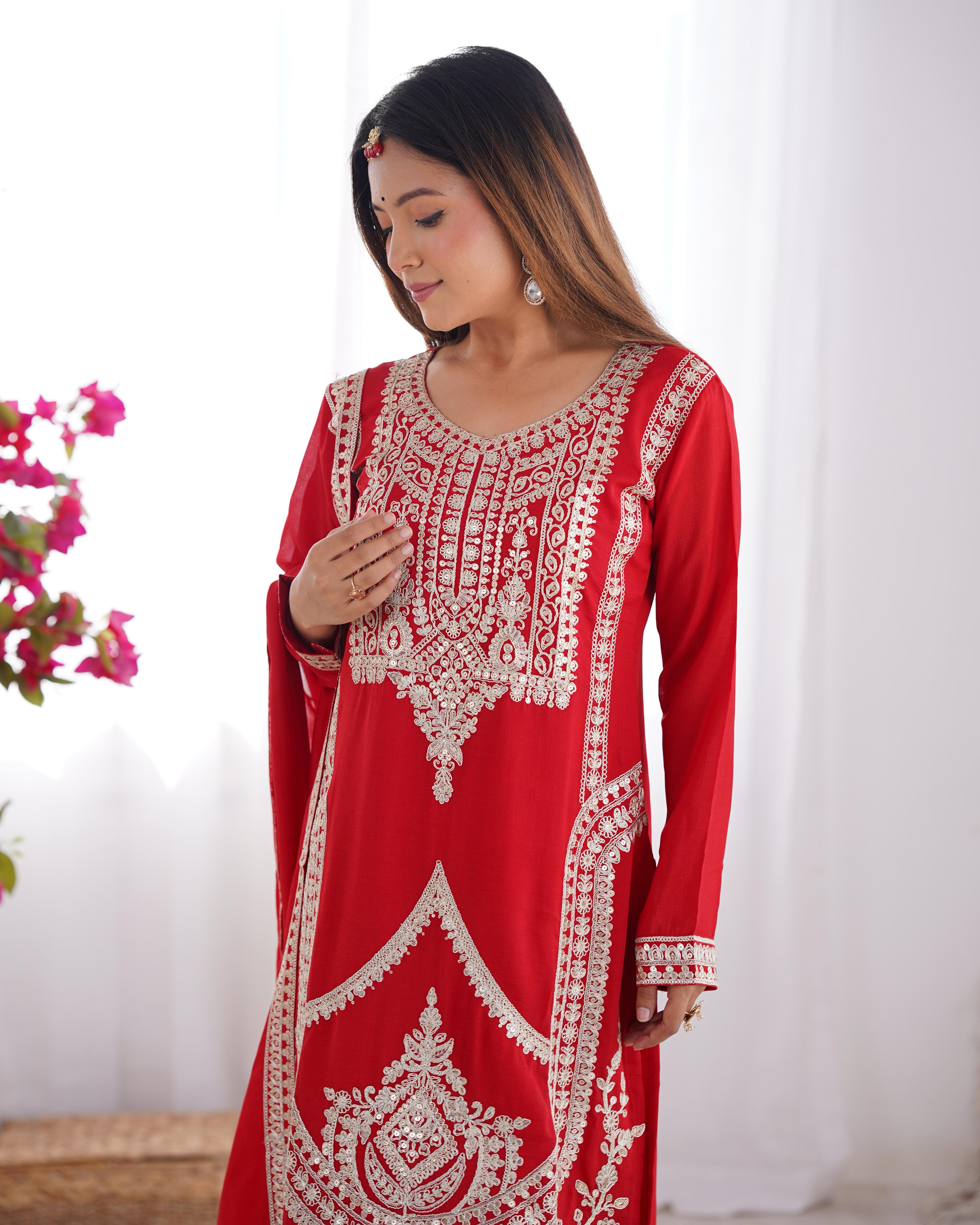 Red Pure Vichitra Silk Kurta Suit Set With Dupatta & Pant