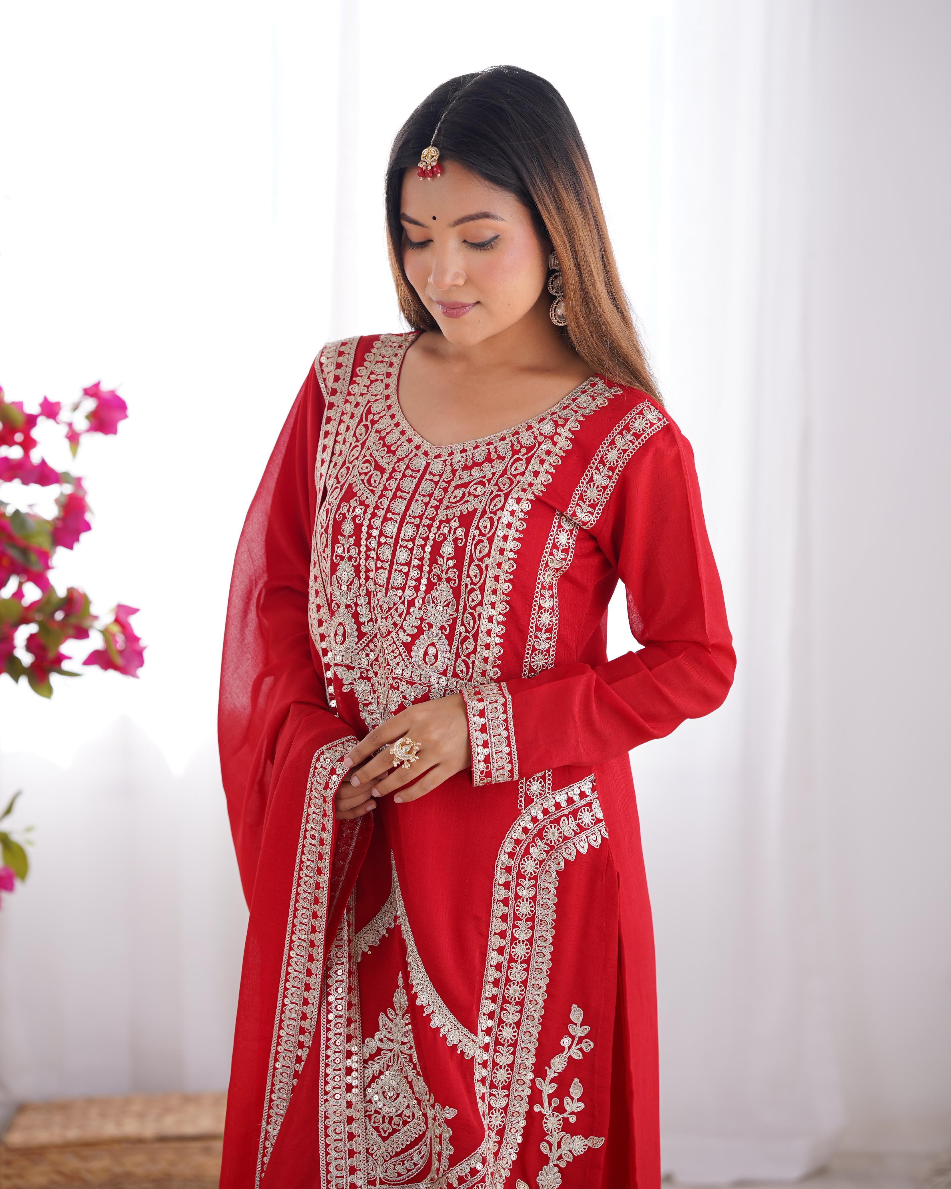 Red Pure Vichitra Silk Kurta Suit Set With Dupatta & Pant