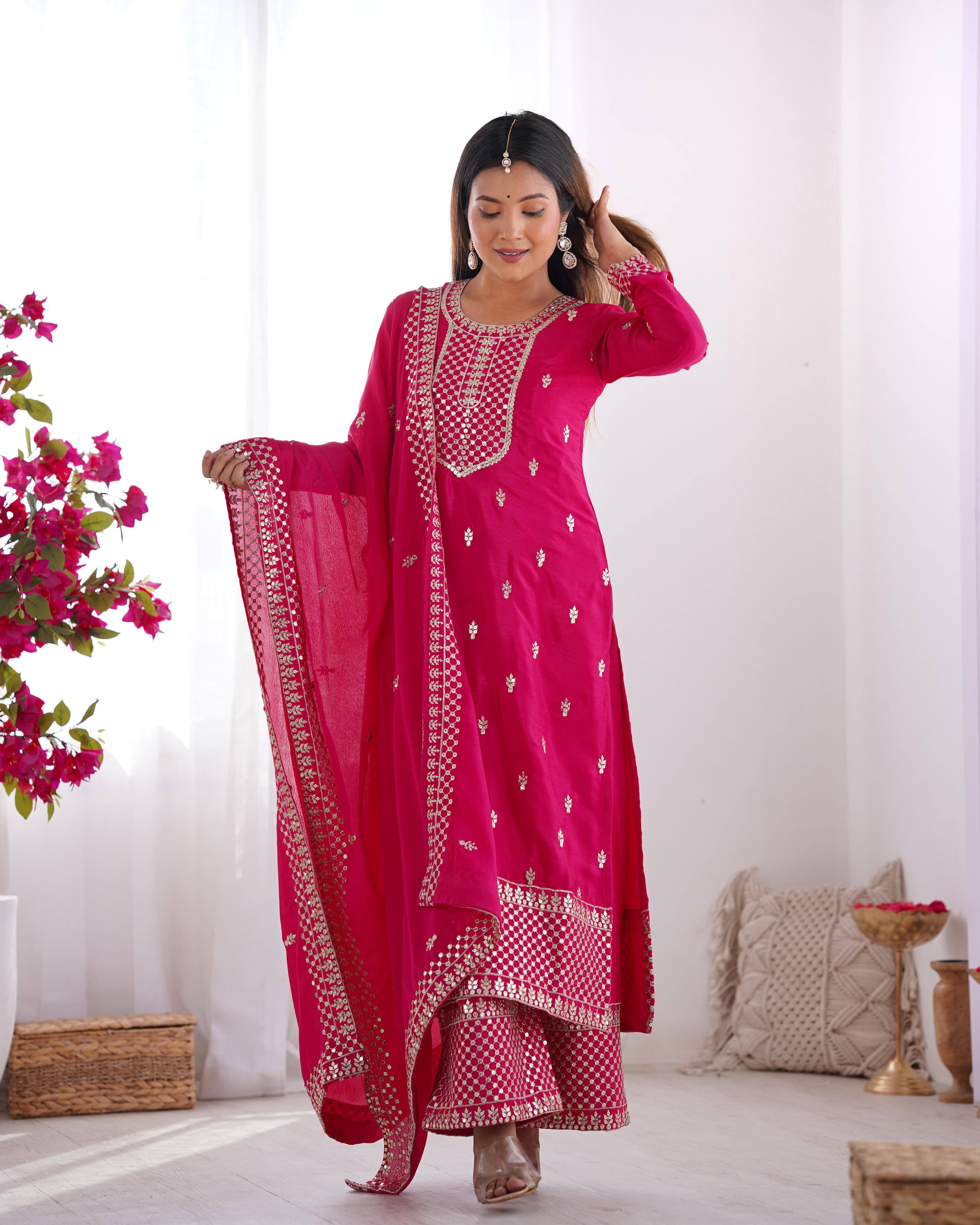 Pink Pure Chinon Silk Kurta Suit Set With Dupatta & Pant