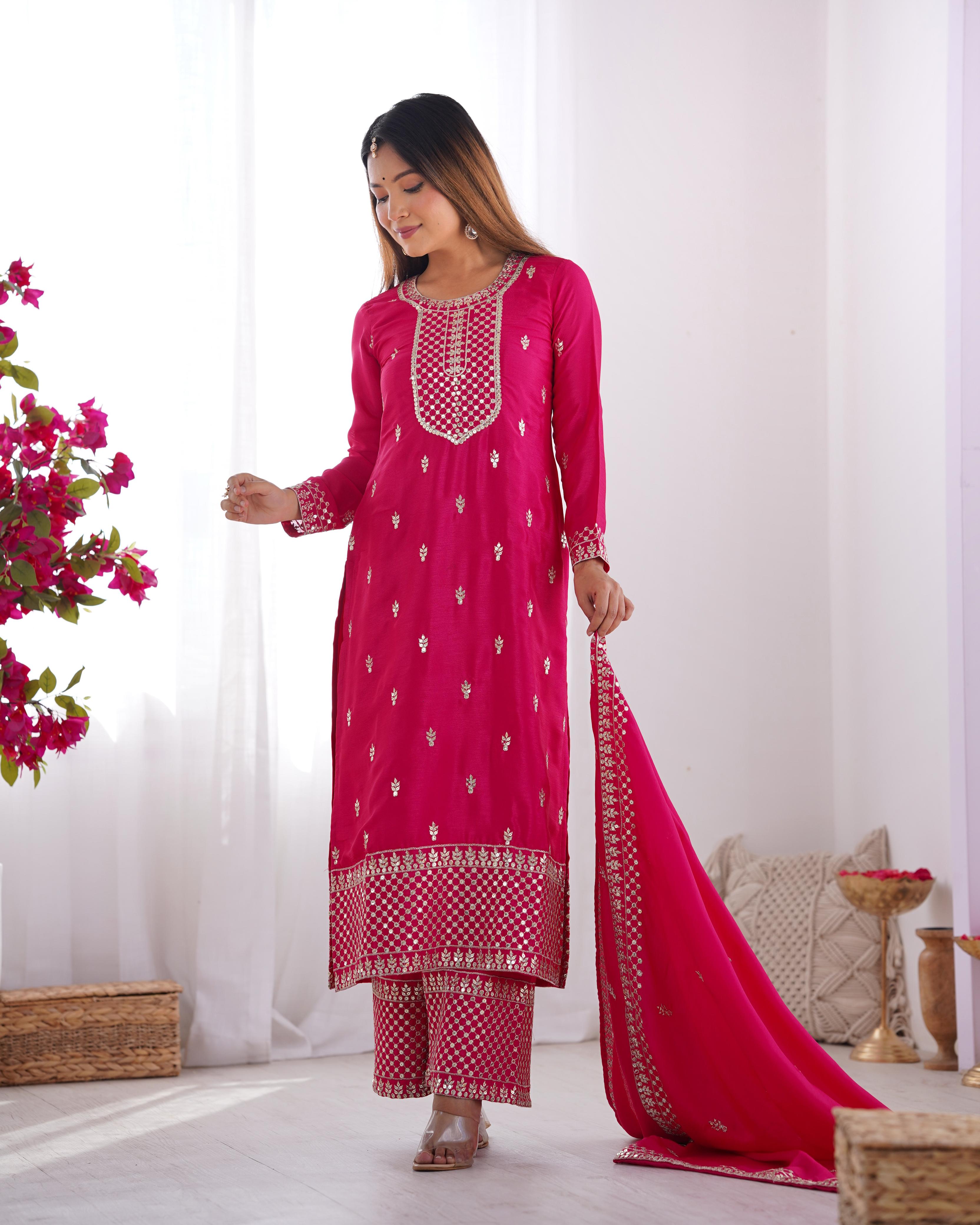 Pink Pure Chinon Silk Kurta Suit Set With Dupatta & Pant