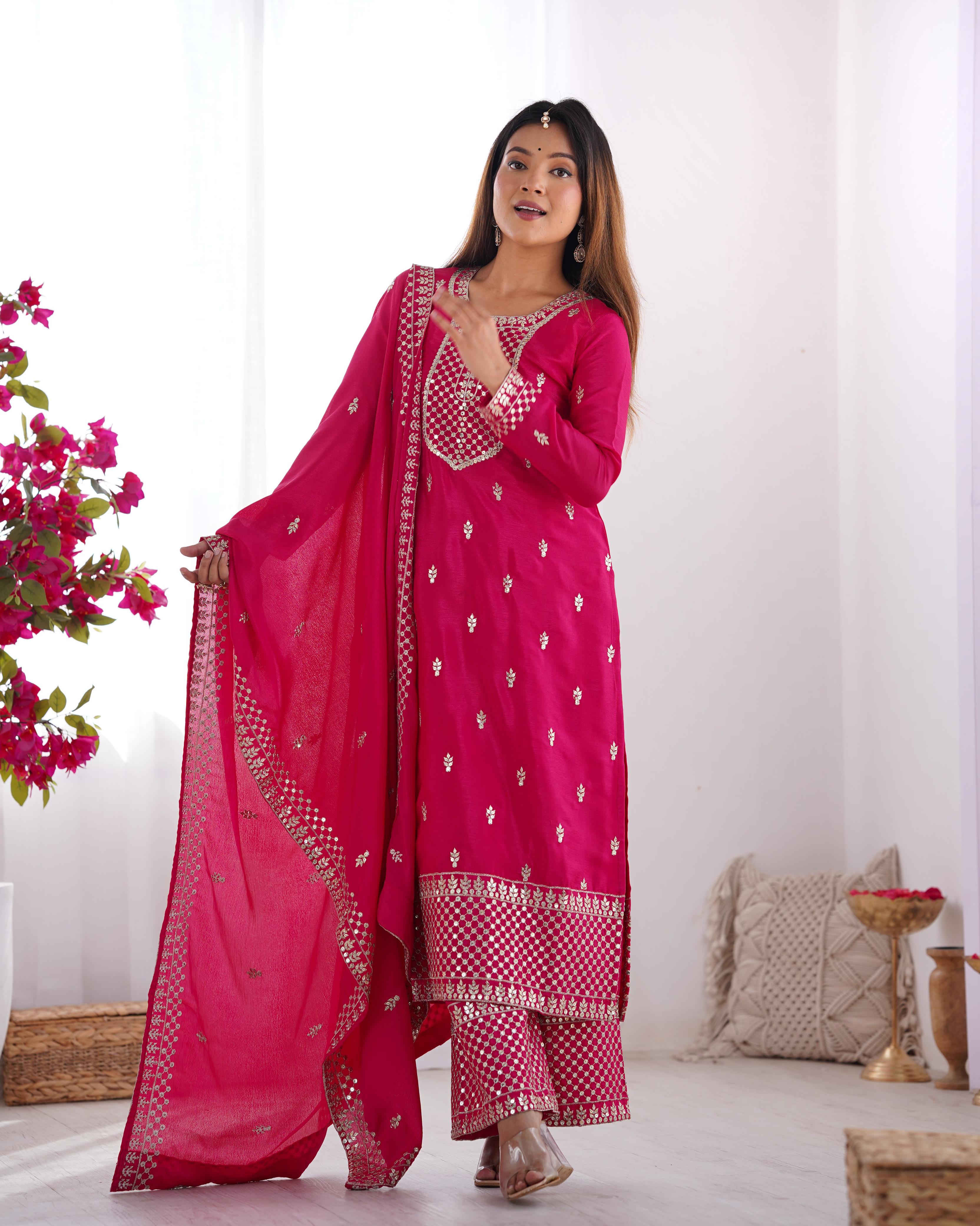 Pink Pure Chinon Silk Kurta Suit Set With Dupatta & Pant
