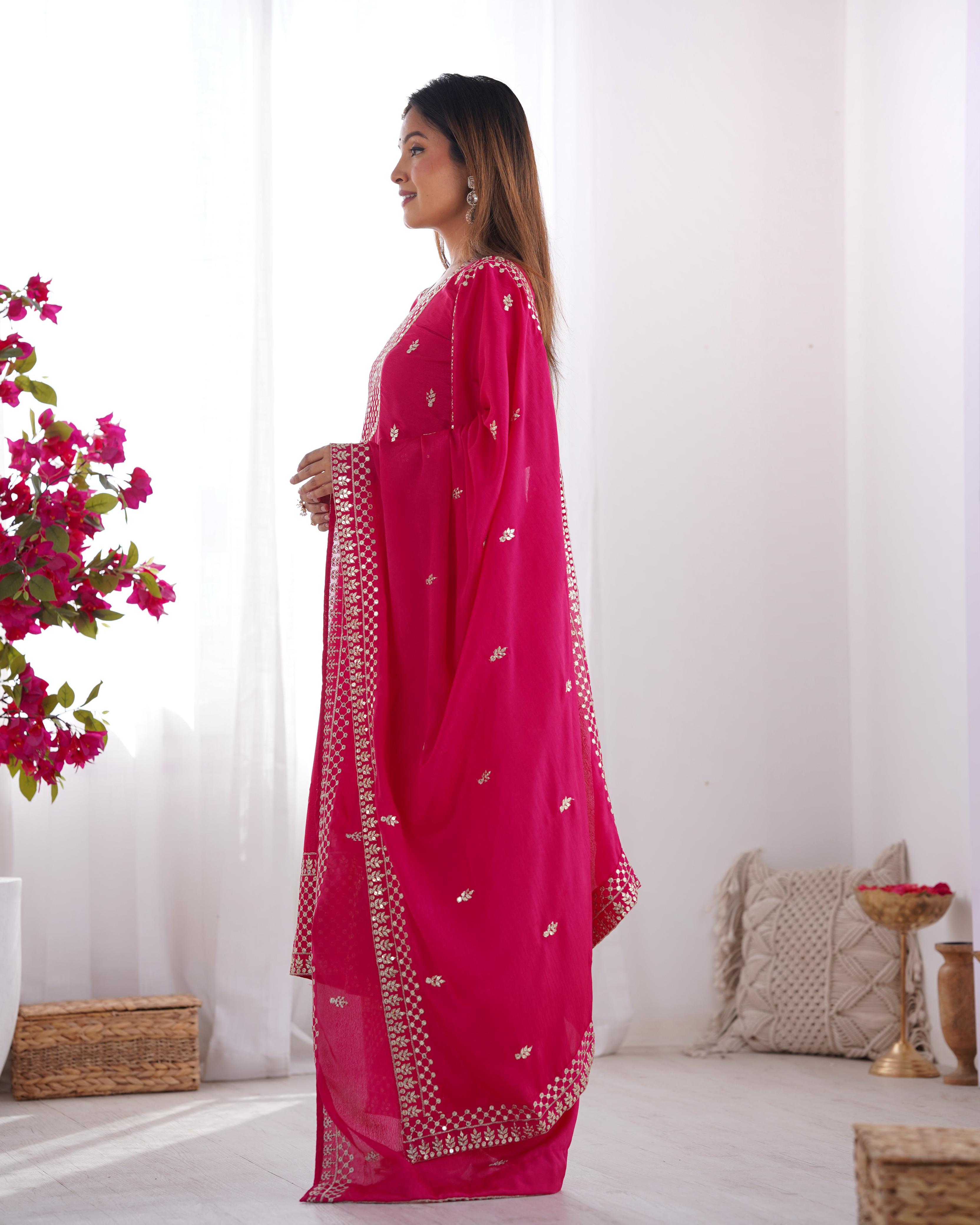 Pink Pure Chinon Silk Kurta Suit Set With Dupatta & Pant