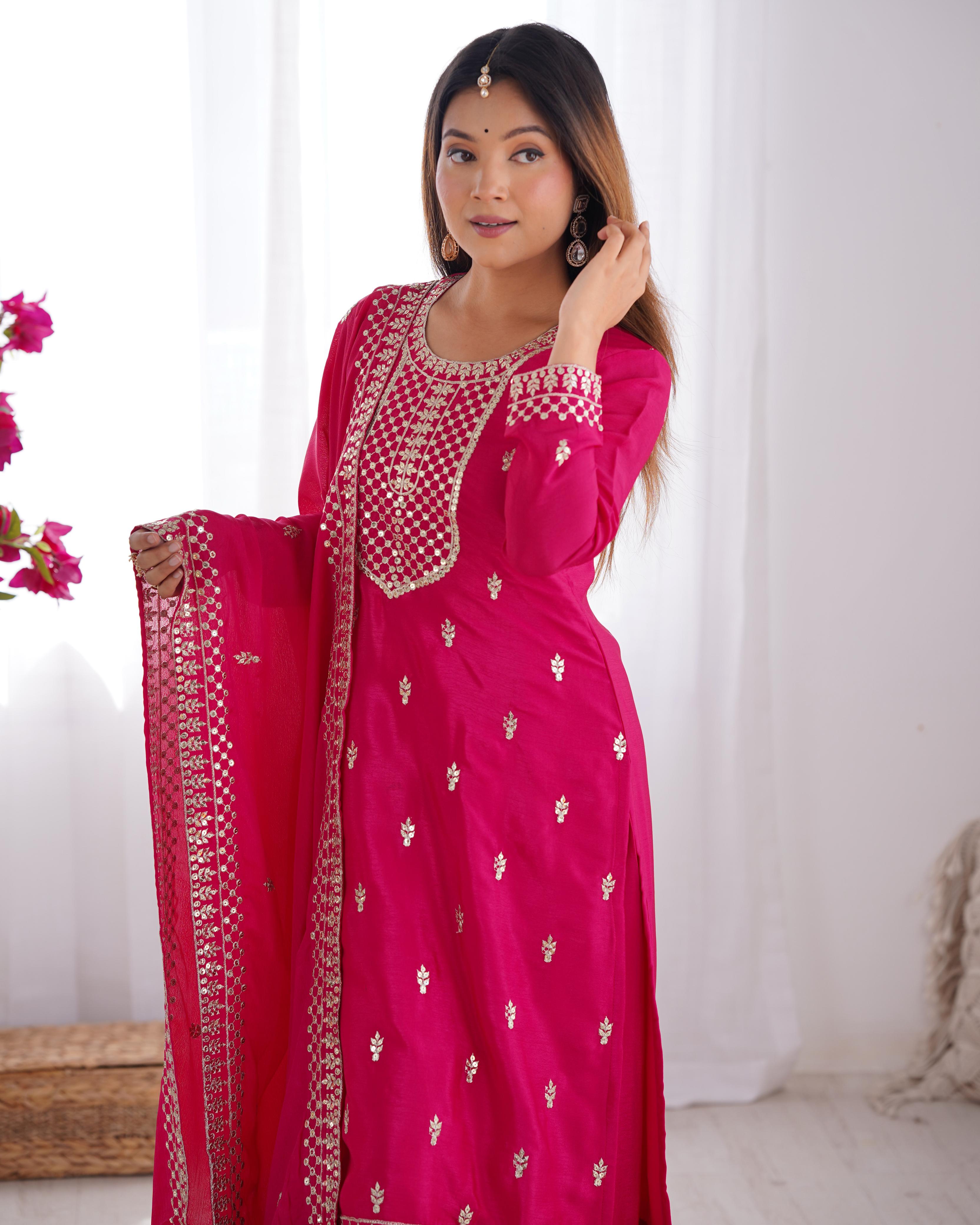 Pink Pure Chinon Silk Kurta Suit Set With Dupatta & Pant