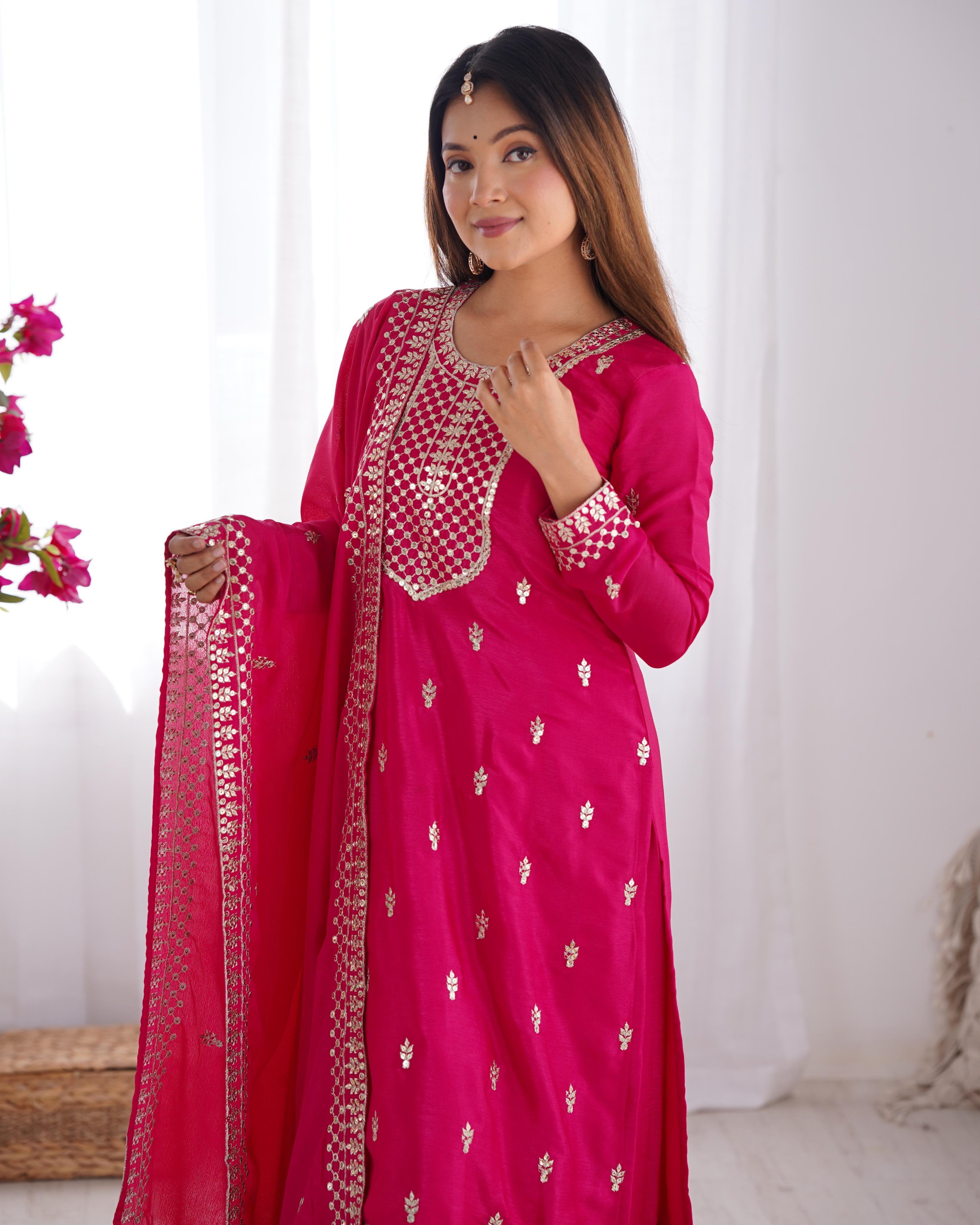 Pink Pure Chinon Silk Kurta Suit Set With Dupatta & Pant