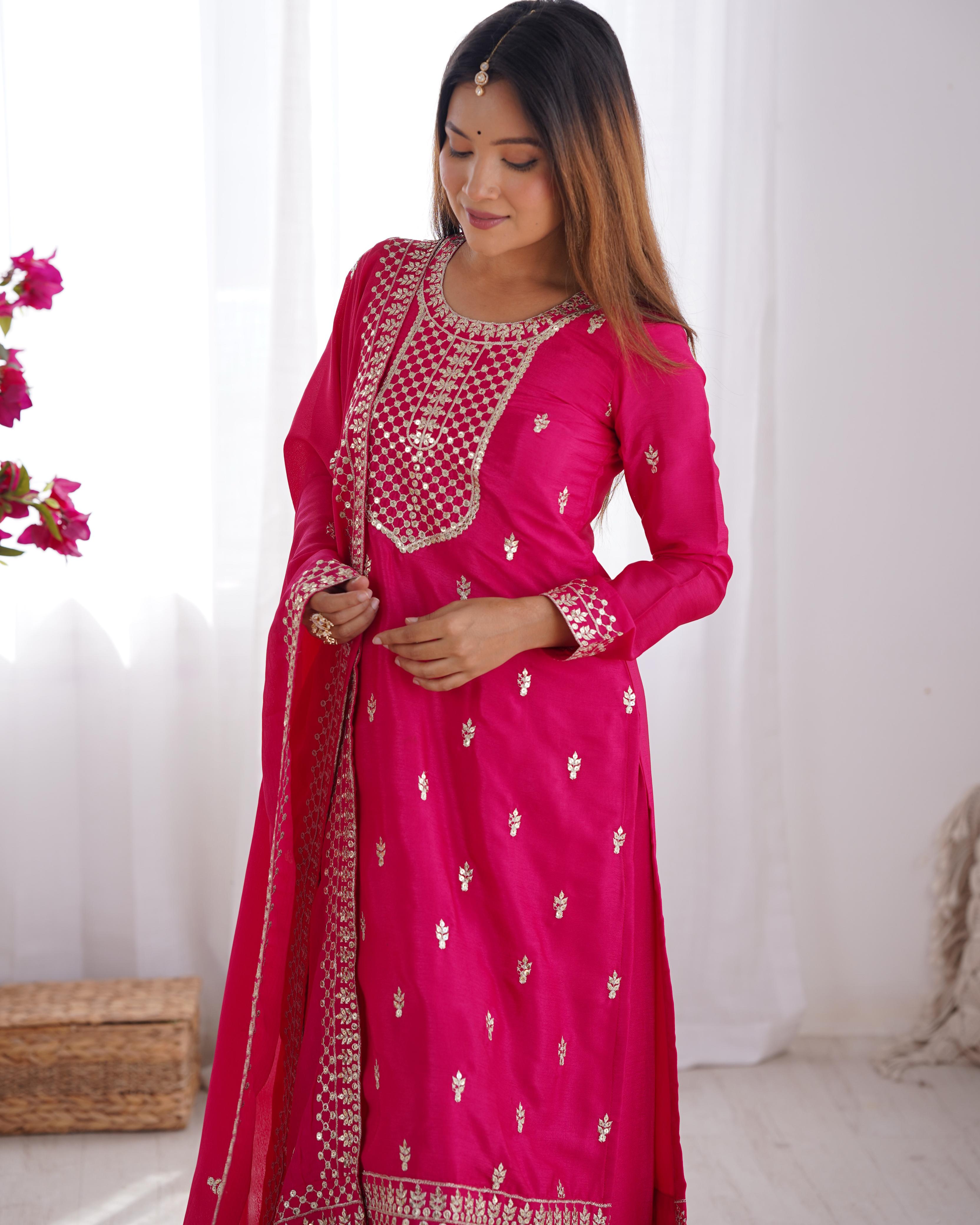 Pink Pure Chinon Silk Kurta Suit Set With Dupatta & Pant