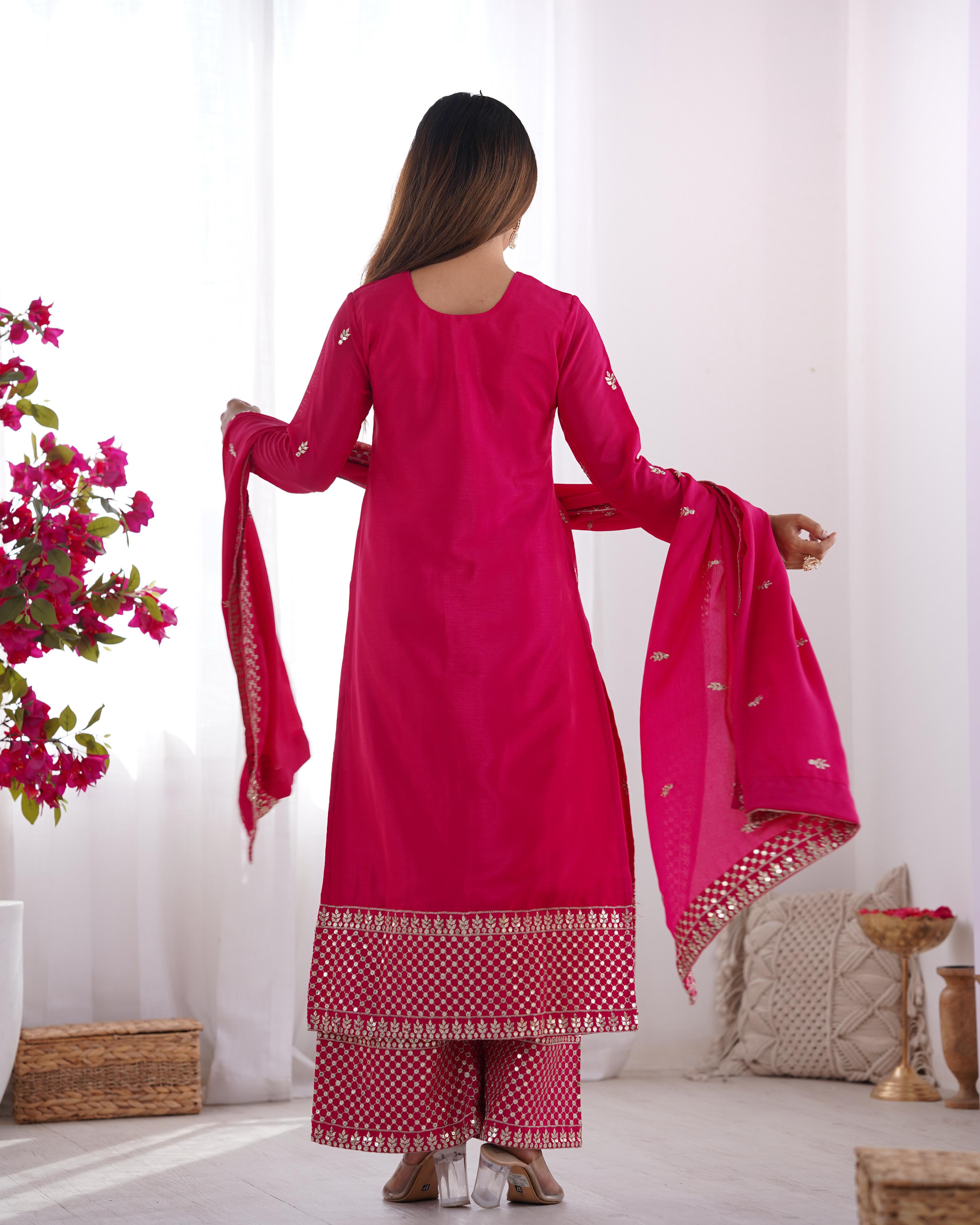 Pink Pure Chinon Silk Kurta Suit Set With Dupatta & Pant