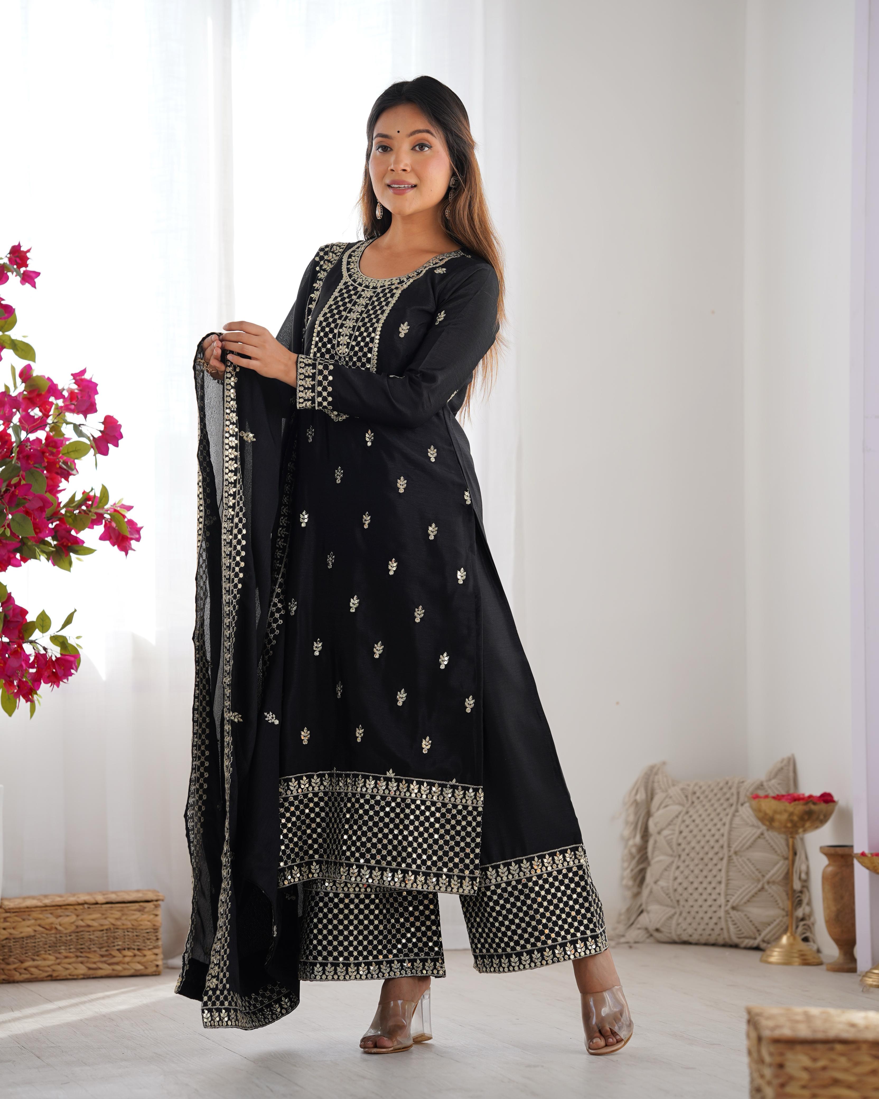 Black Pure Chinon Silk Kurta Suit Set With Dupatta & Pant