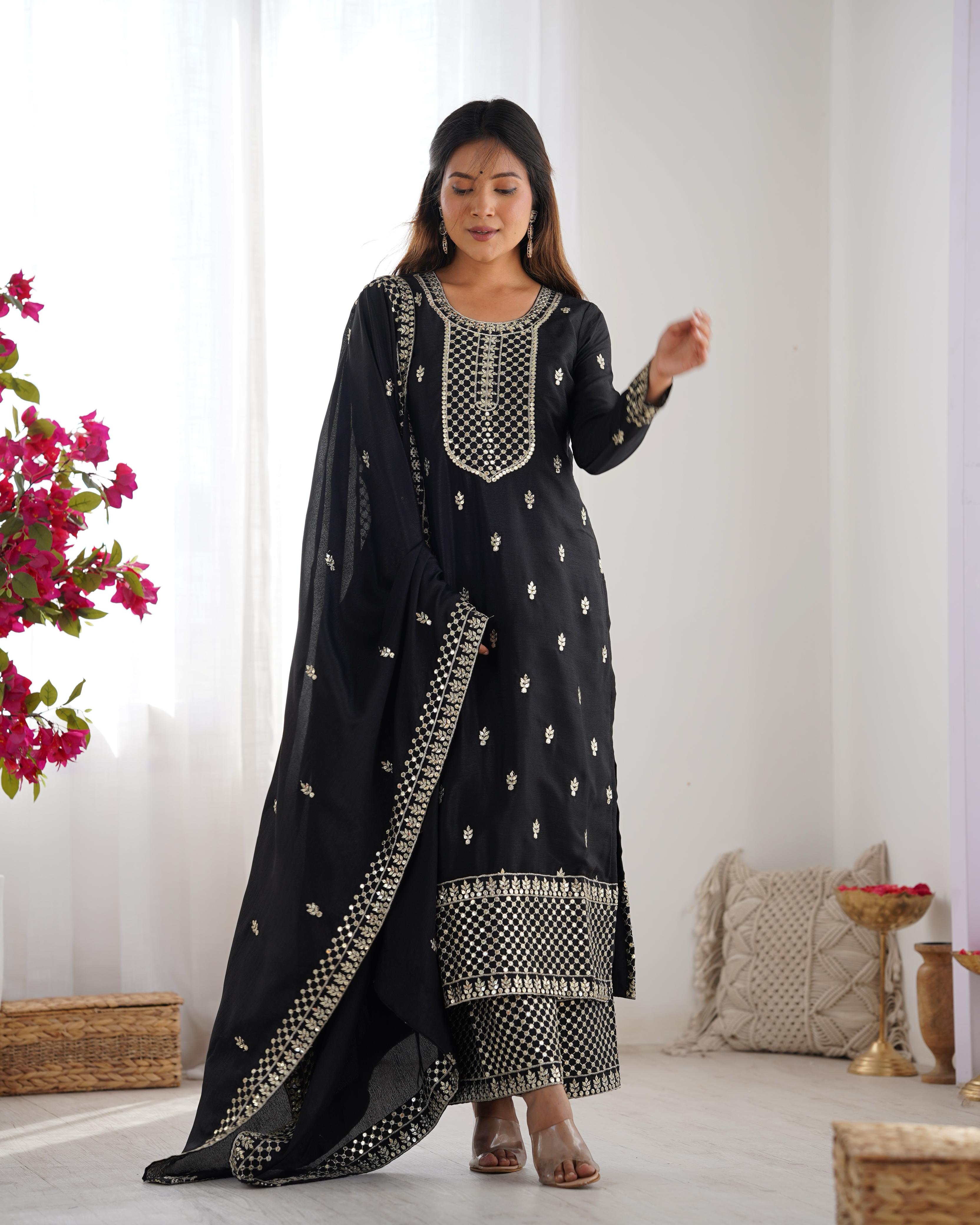 Black Pure Chinon Silk Kurta Suit Set With Dupatta & Pant