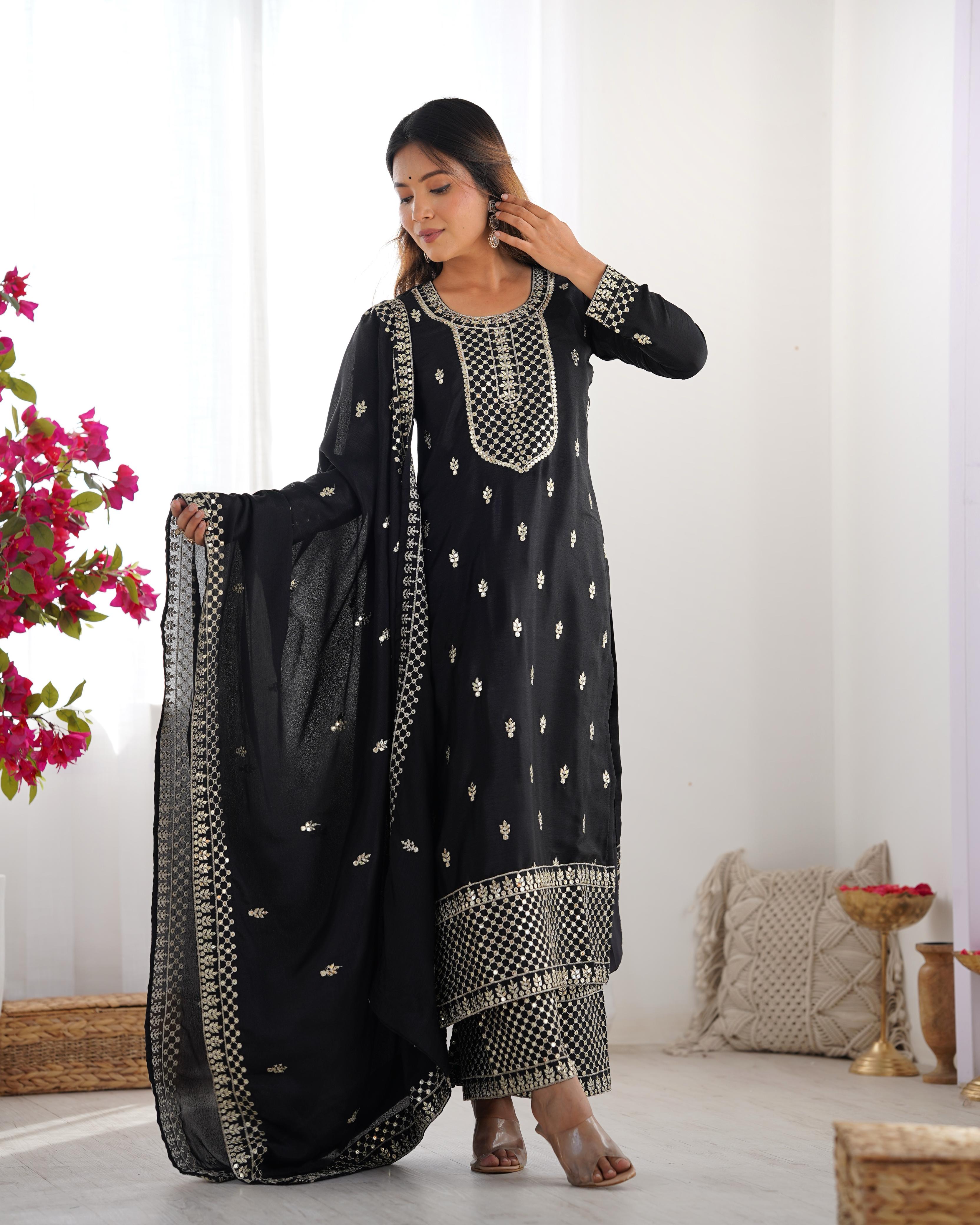 Black Pure Chinon Silk Kurta Suit Set With Dupatta & Pant