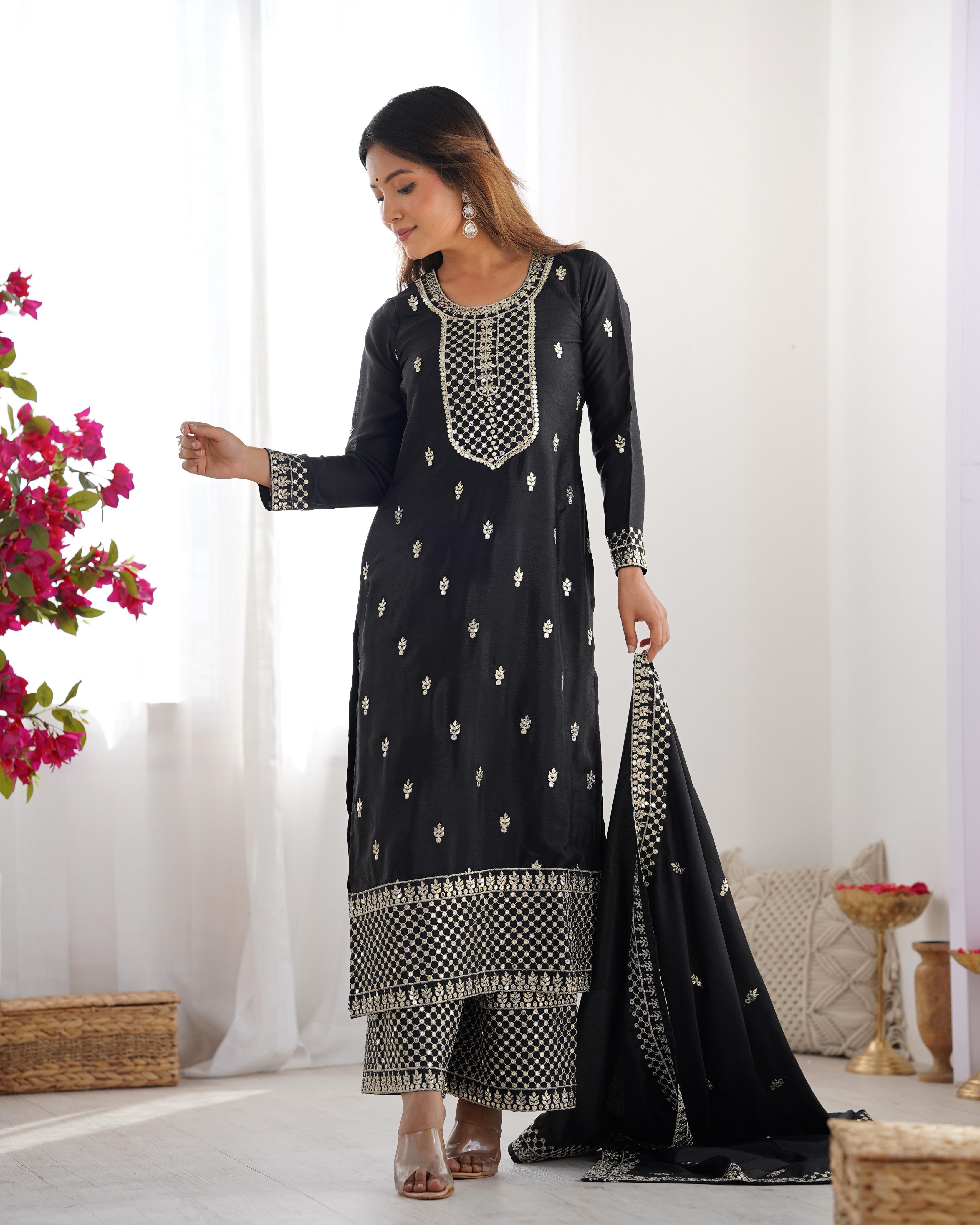 Black Pure Chinon Silk Kurta Suit Set With Dupatta & Pant