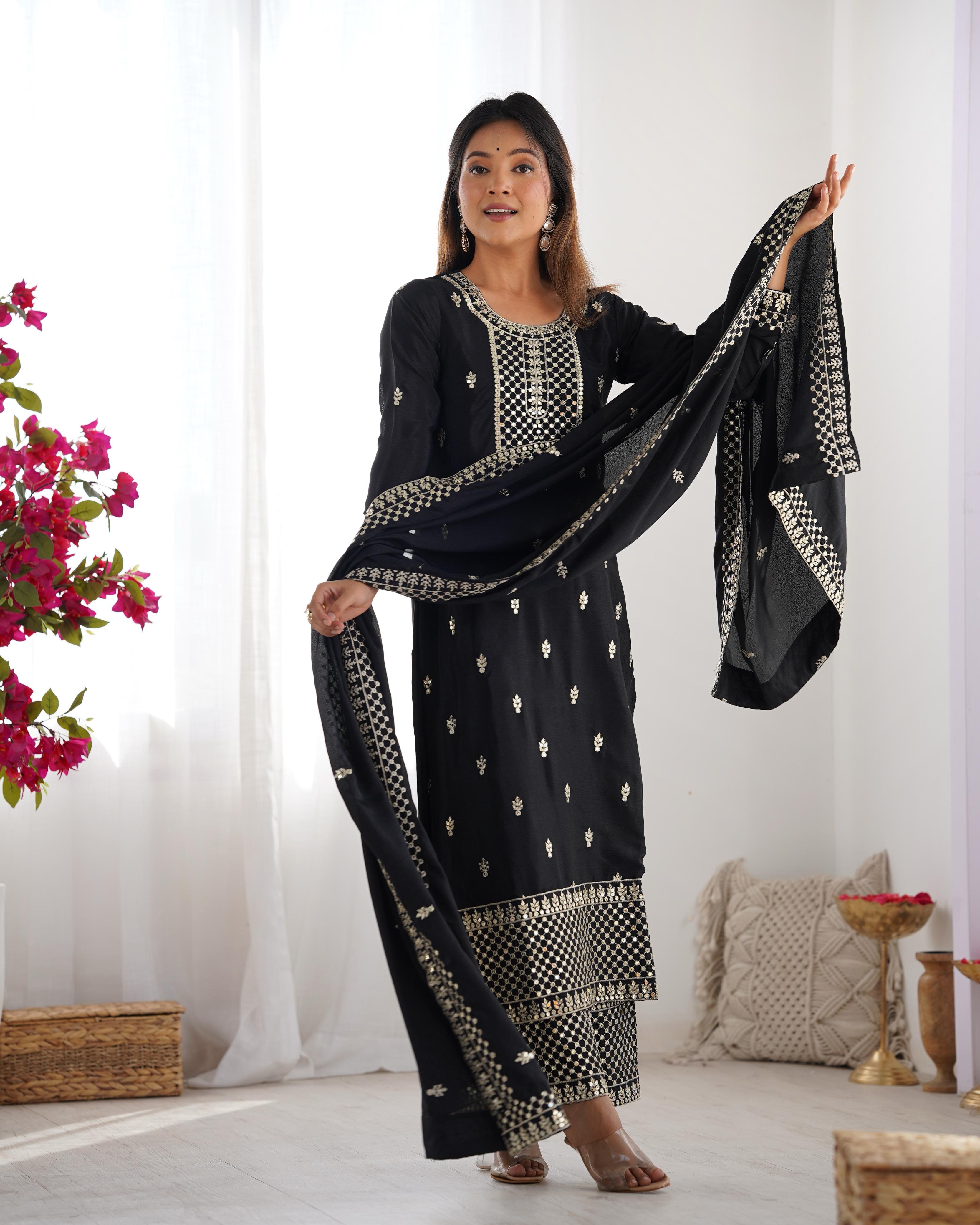 Black Pure Chinon Silk Kurta Suit Set With Dupatta & Pant
