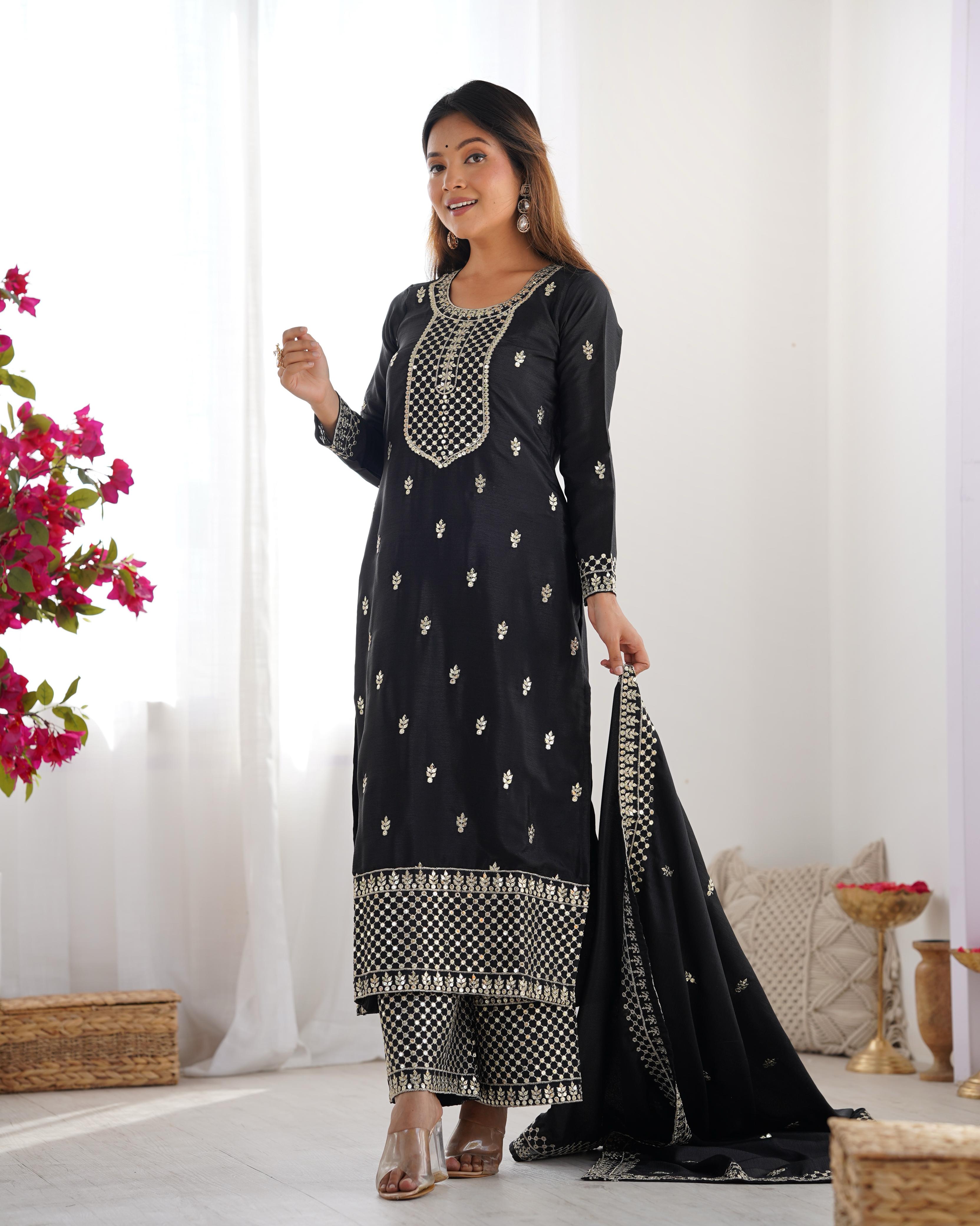 Black Pure Chinon Silk Kurta Suit Set With Dupatta & Pant