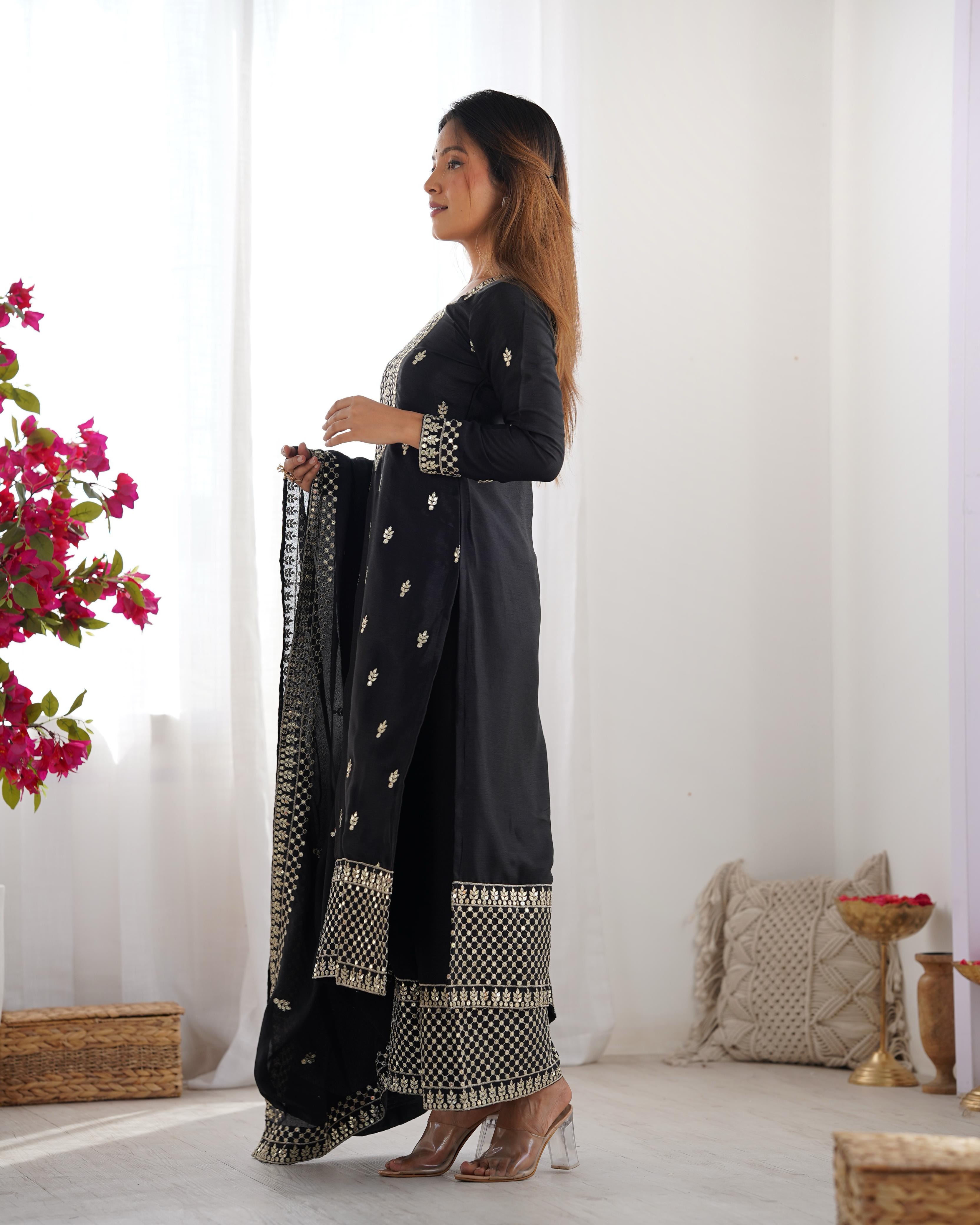 Black Pure Chinon Silk Kurta Suit Set With Dupatta & Pant