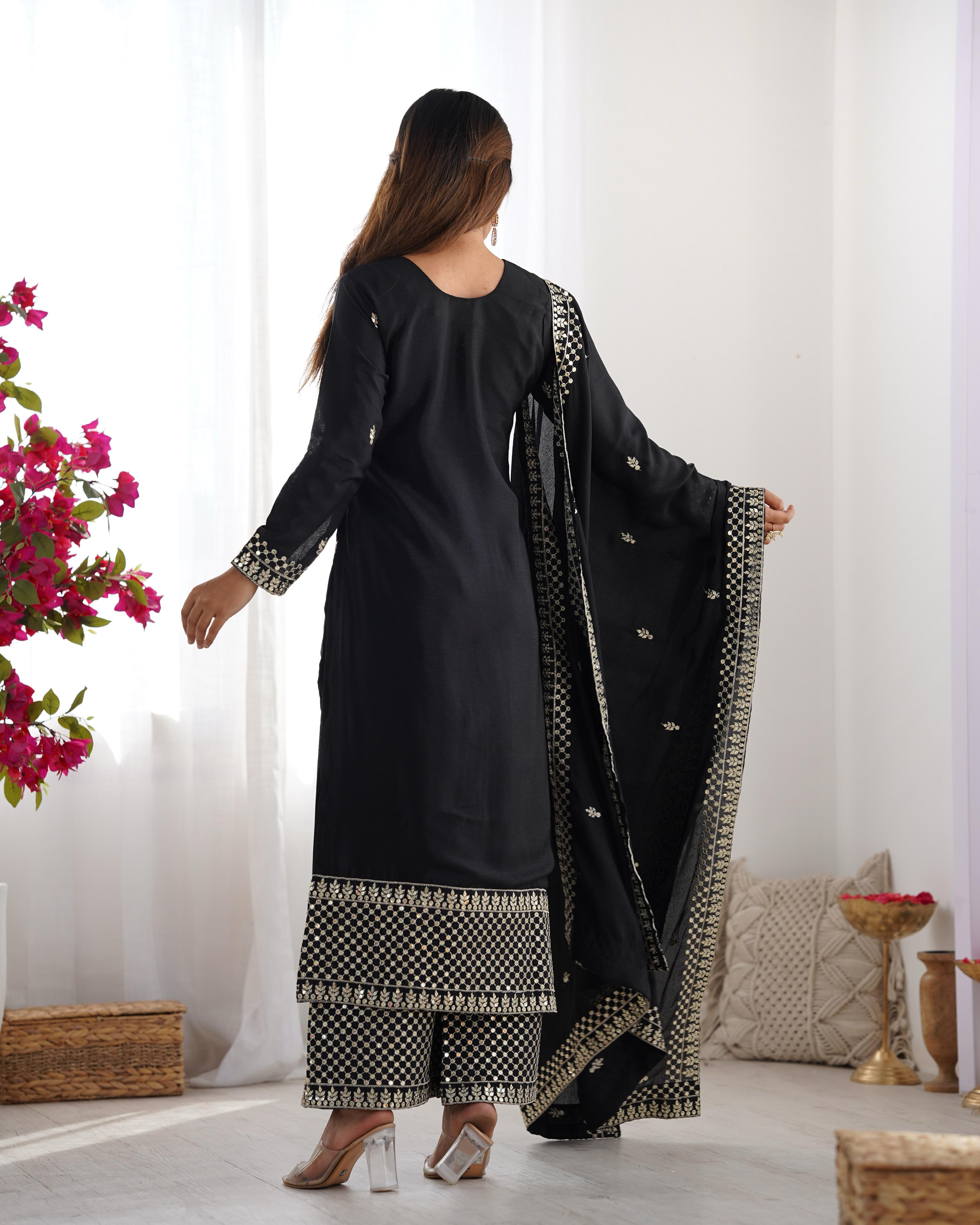 Black Pure Chinon Silk Kurta Suit Set With Dupatta & Pant