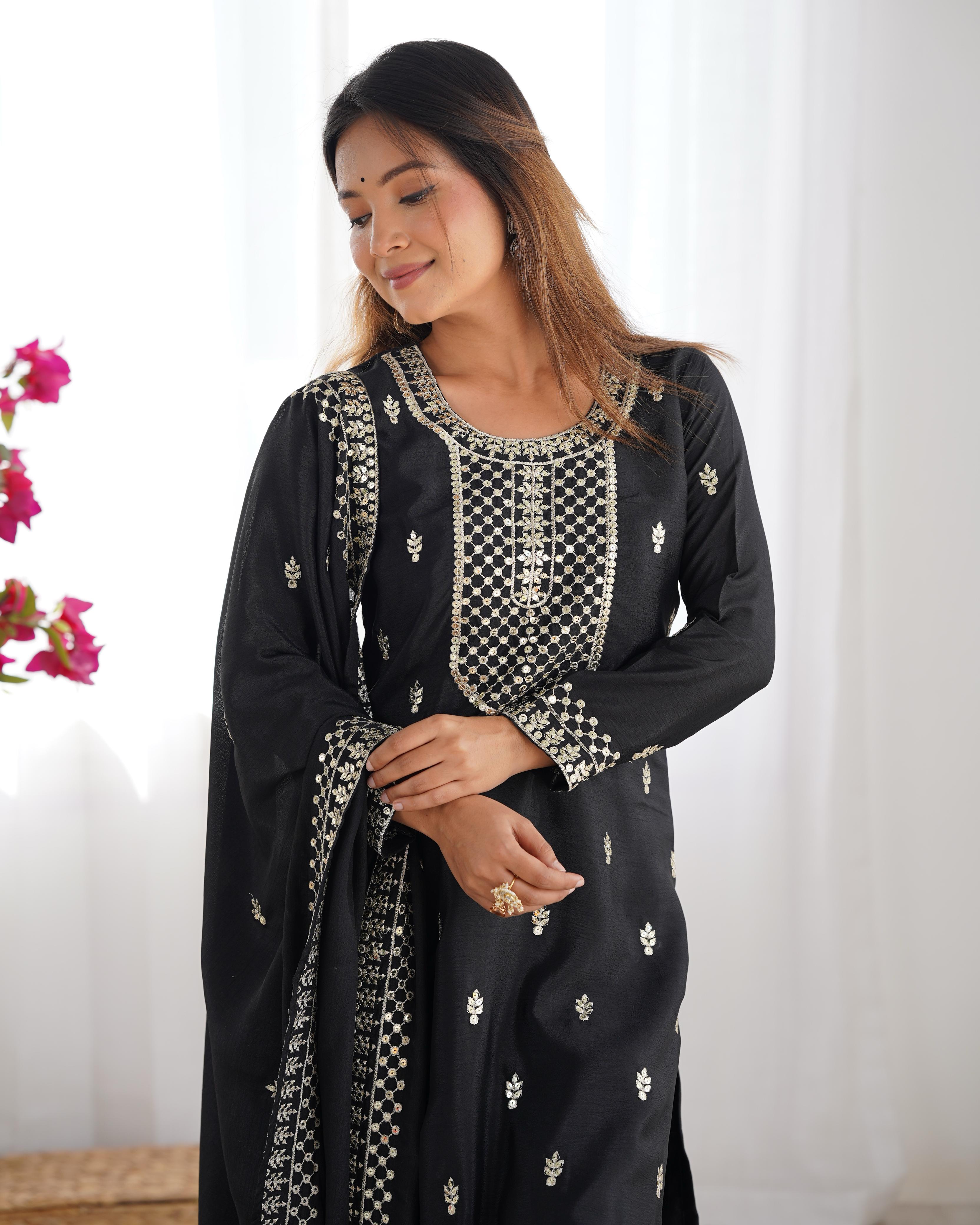 Black Pure Chinon Silk Kurta Suit Set With Dupatta & Pant