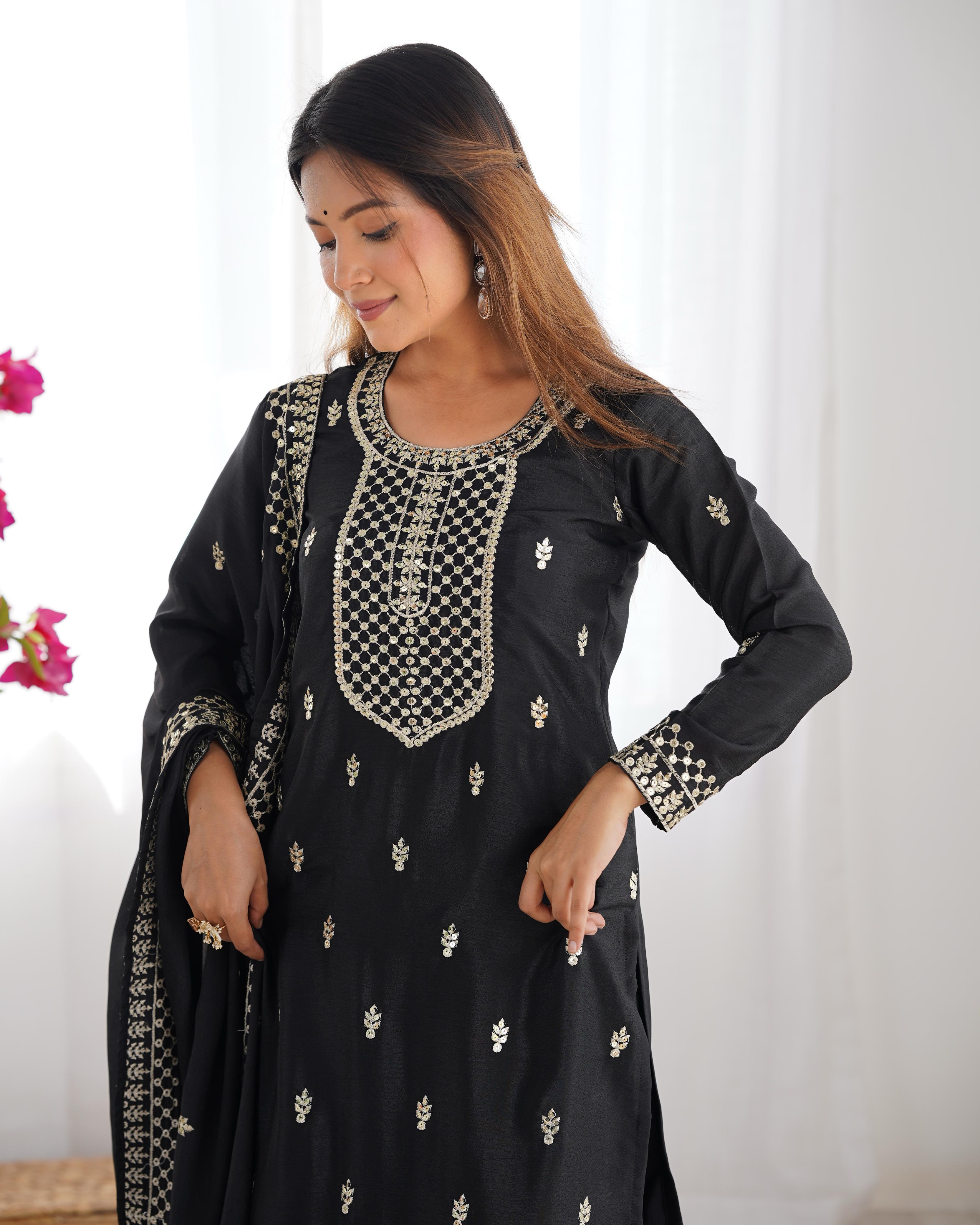Black Pure Chinon Silk Kurta Suit Set With Dupatta & Pant