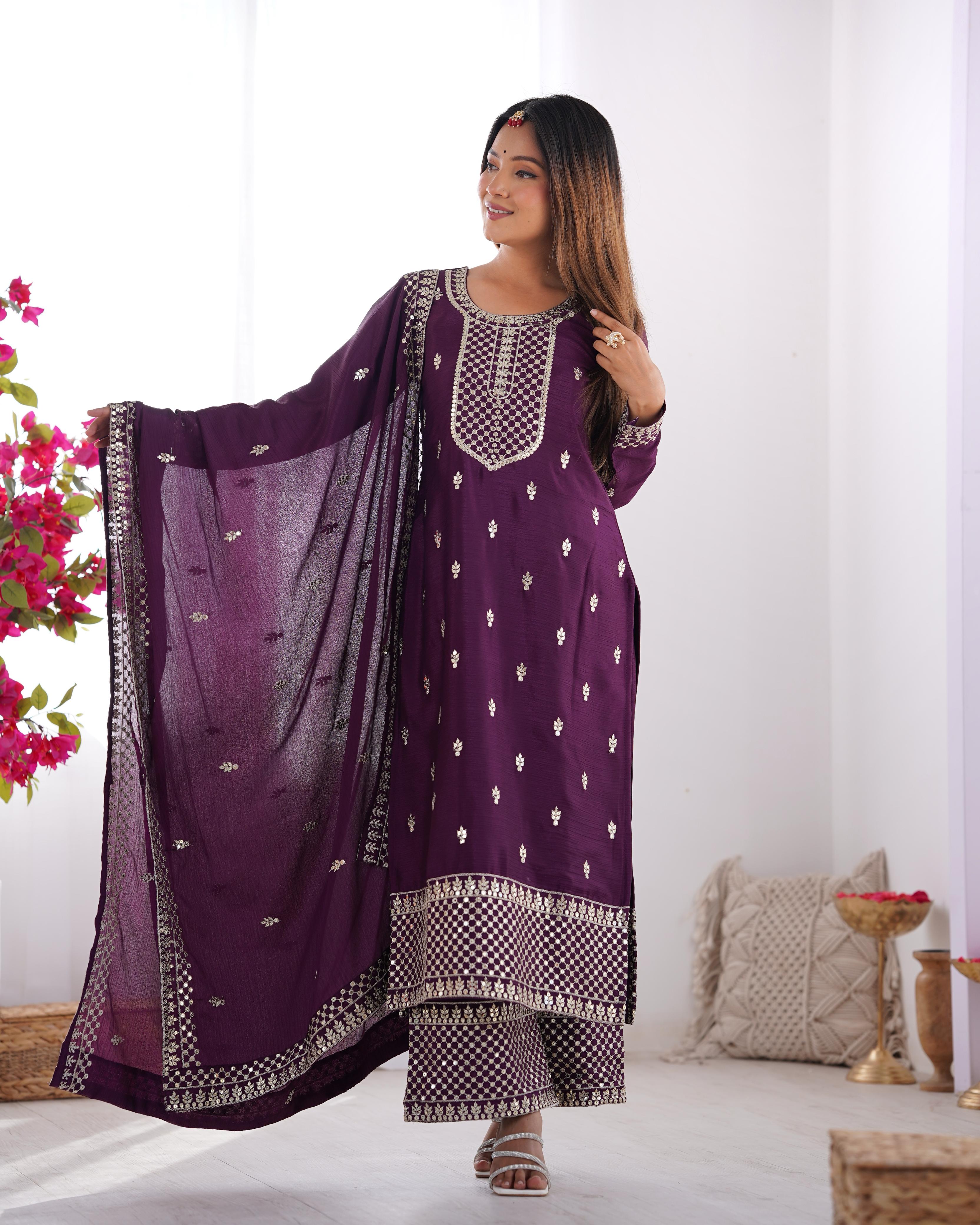 Wine Pure Chinon Silk Kurta Suit Set With Dupatta & Pant