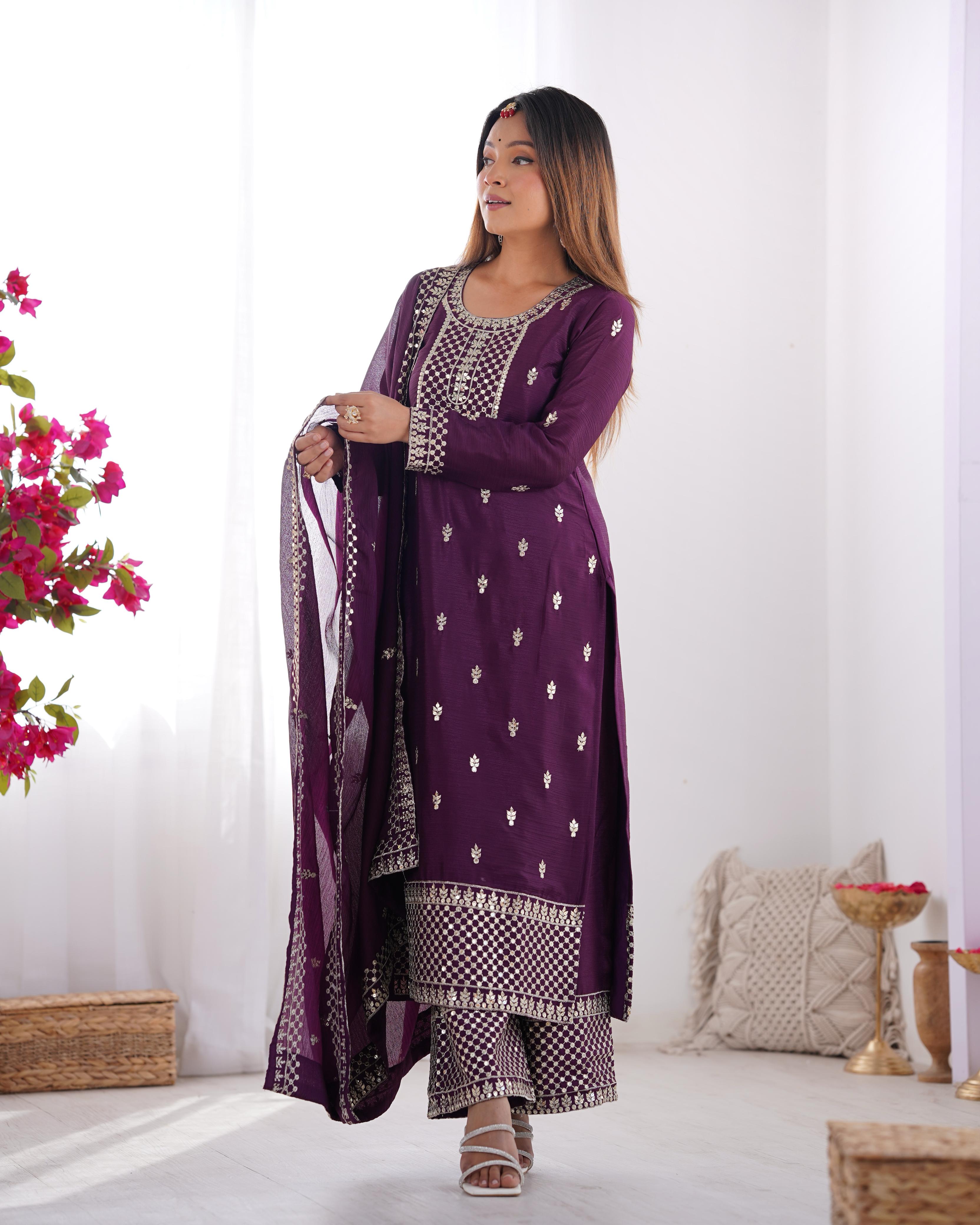 Wine Pure Chinon Silk Kurta Suit Set With Dupatta & Pant