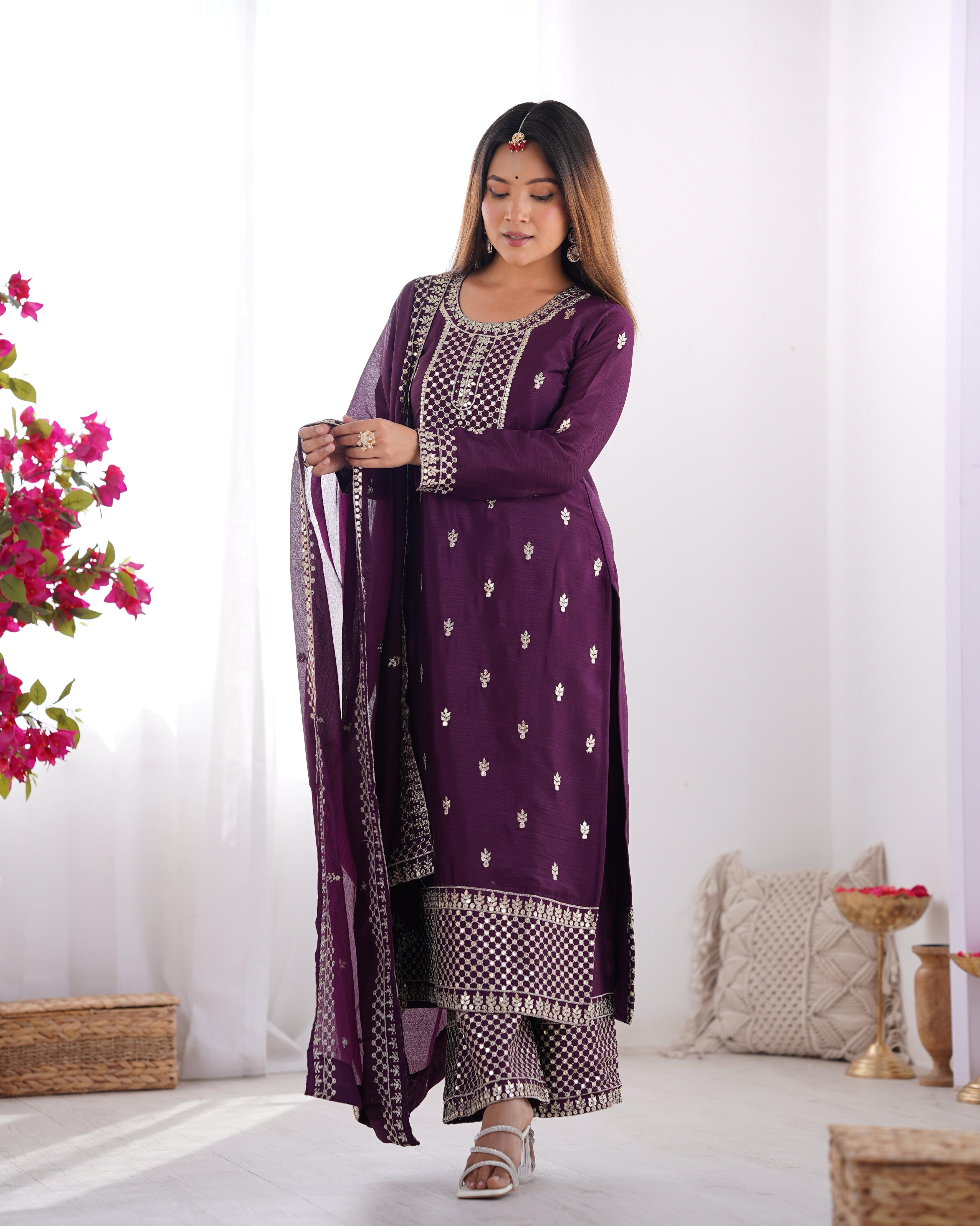 Wine Pure Chinon Silk Kurta Suit Set With Dupatta & Pant