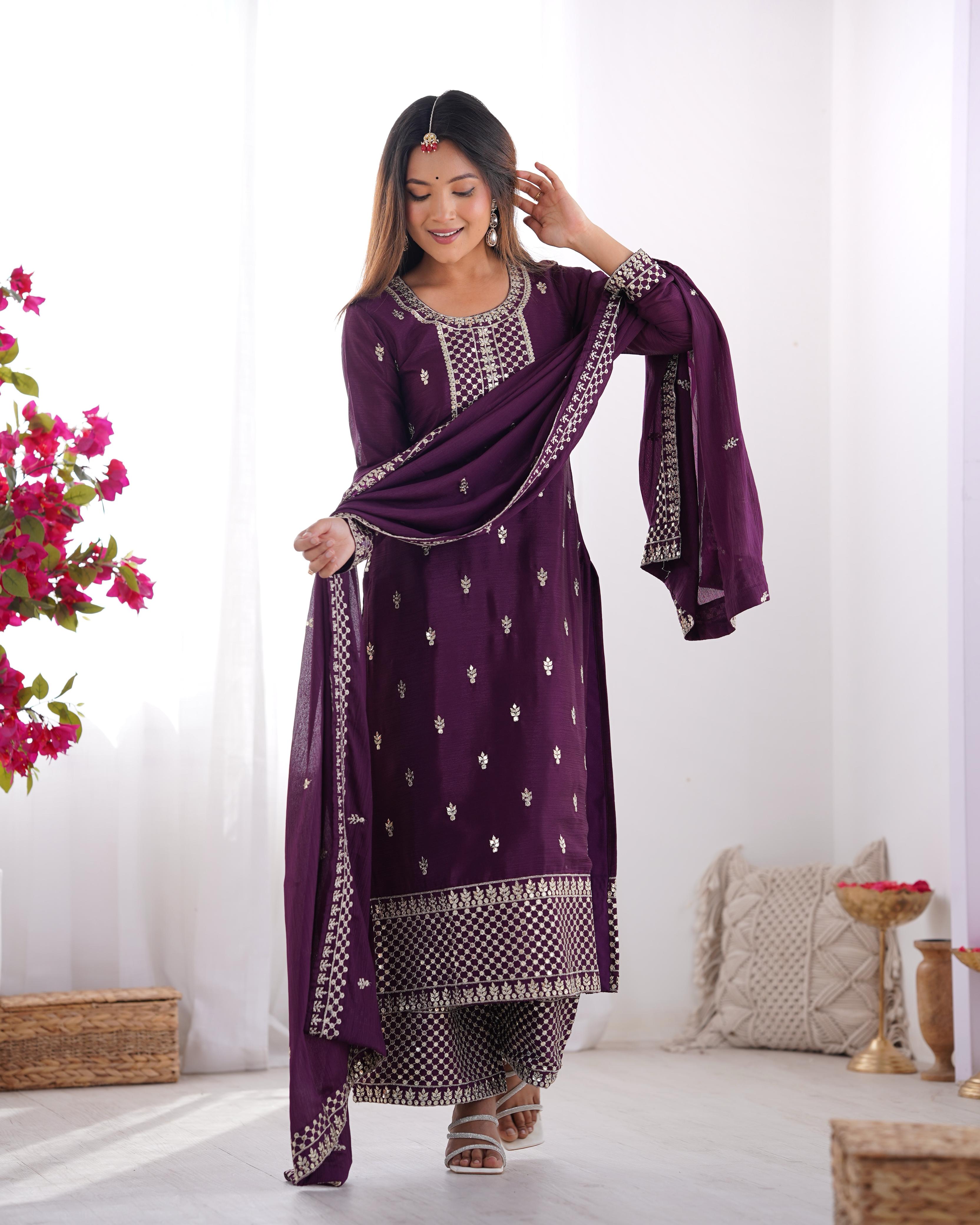 Wine Pure Chinon Silk Kurta Suit Set With Dupatta & Pant