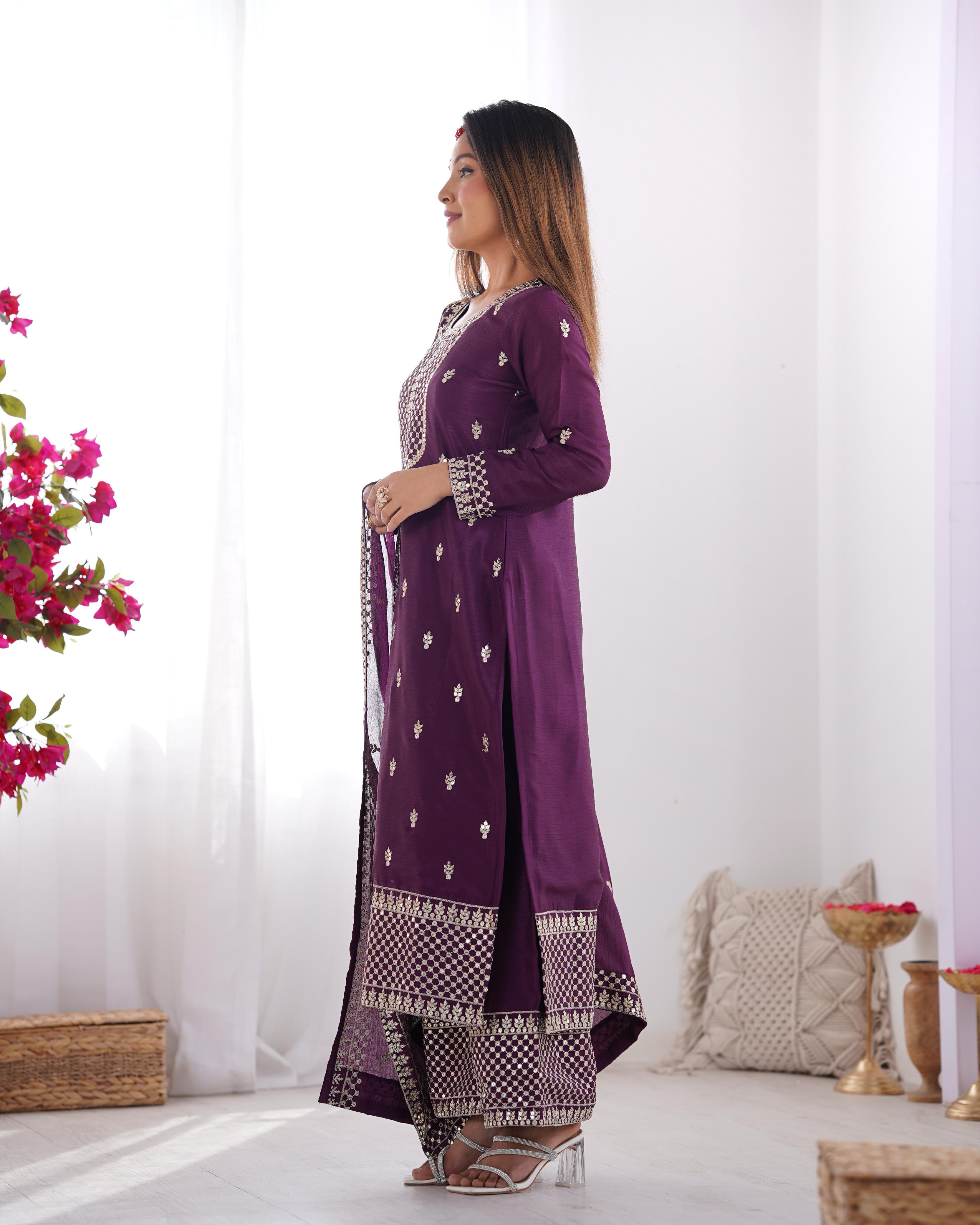 Wine Pure Chinon Silk Kurta Suit Set With Dupatta & Pant