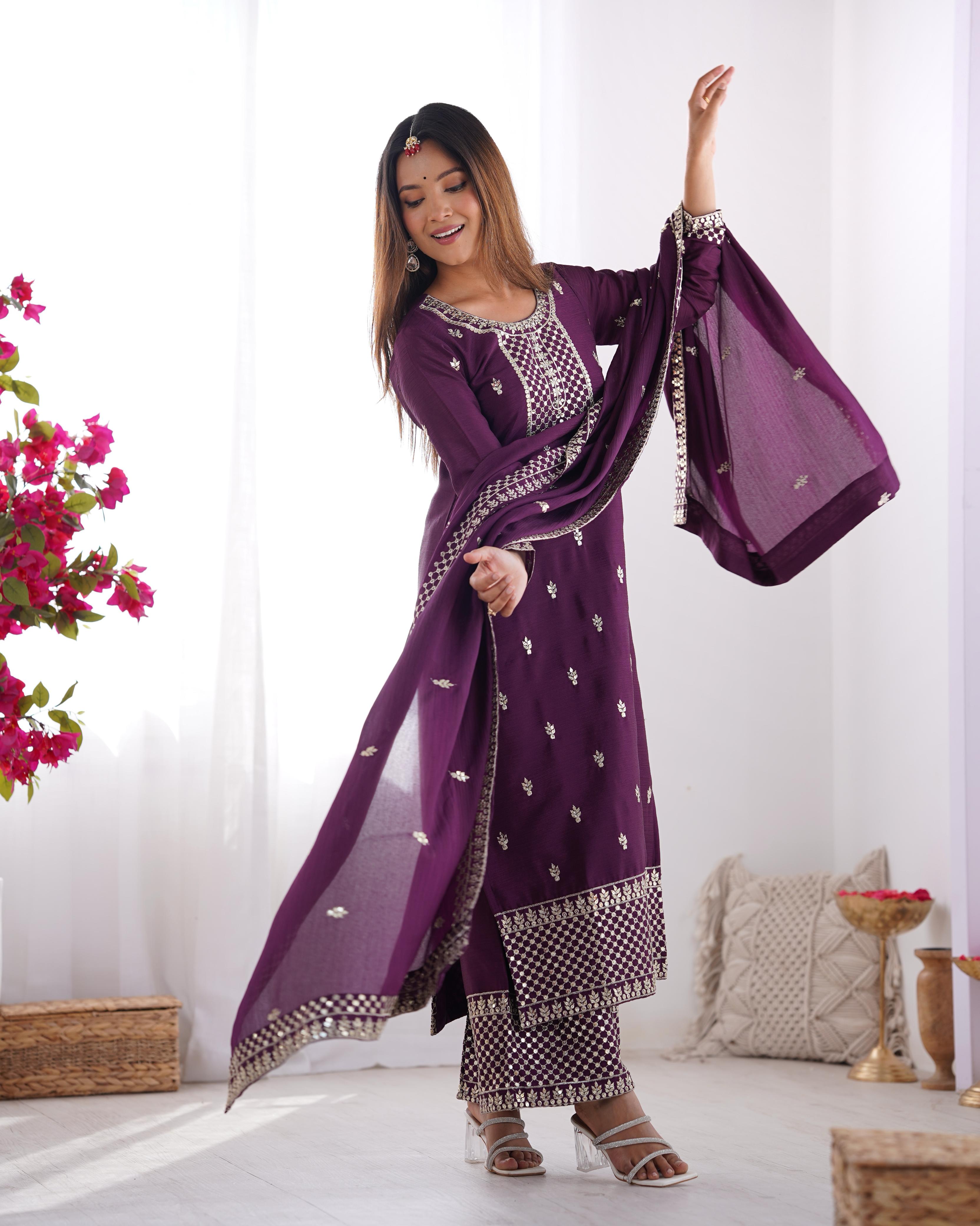 Wine Pure Chinon Silk Kurta Suit Set With Dupatta & Pant