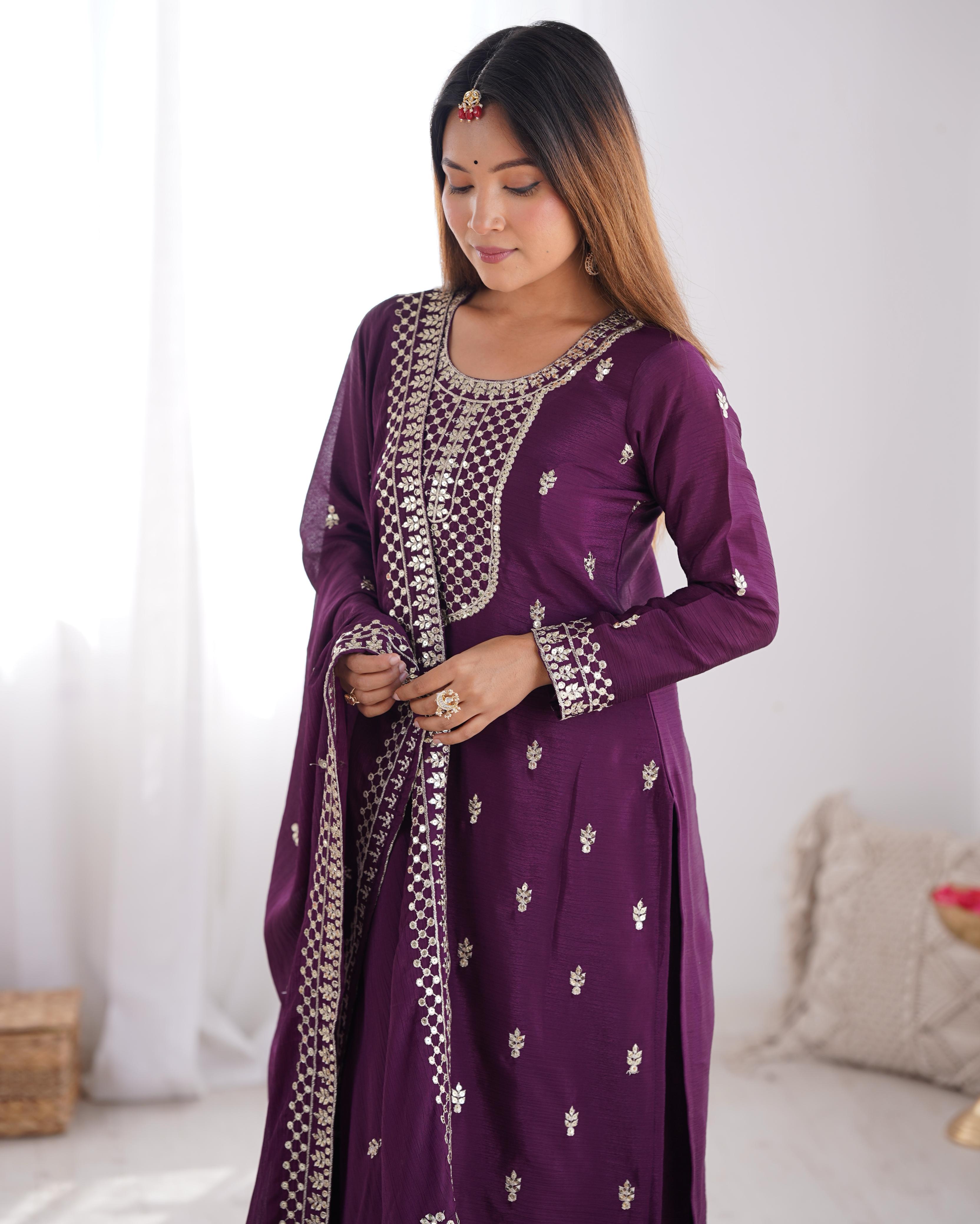 Wine Pure Chinon Silk Kurta Suit Set With Dupatta & Pant