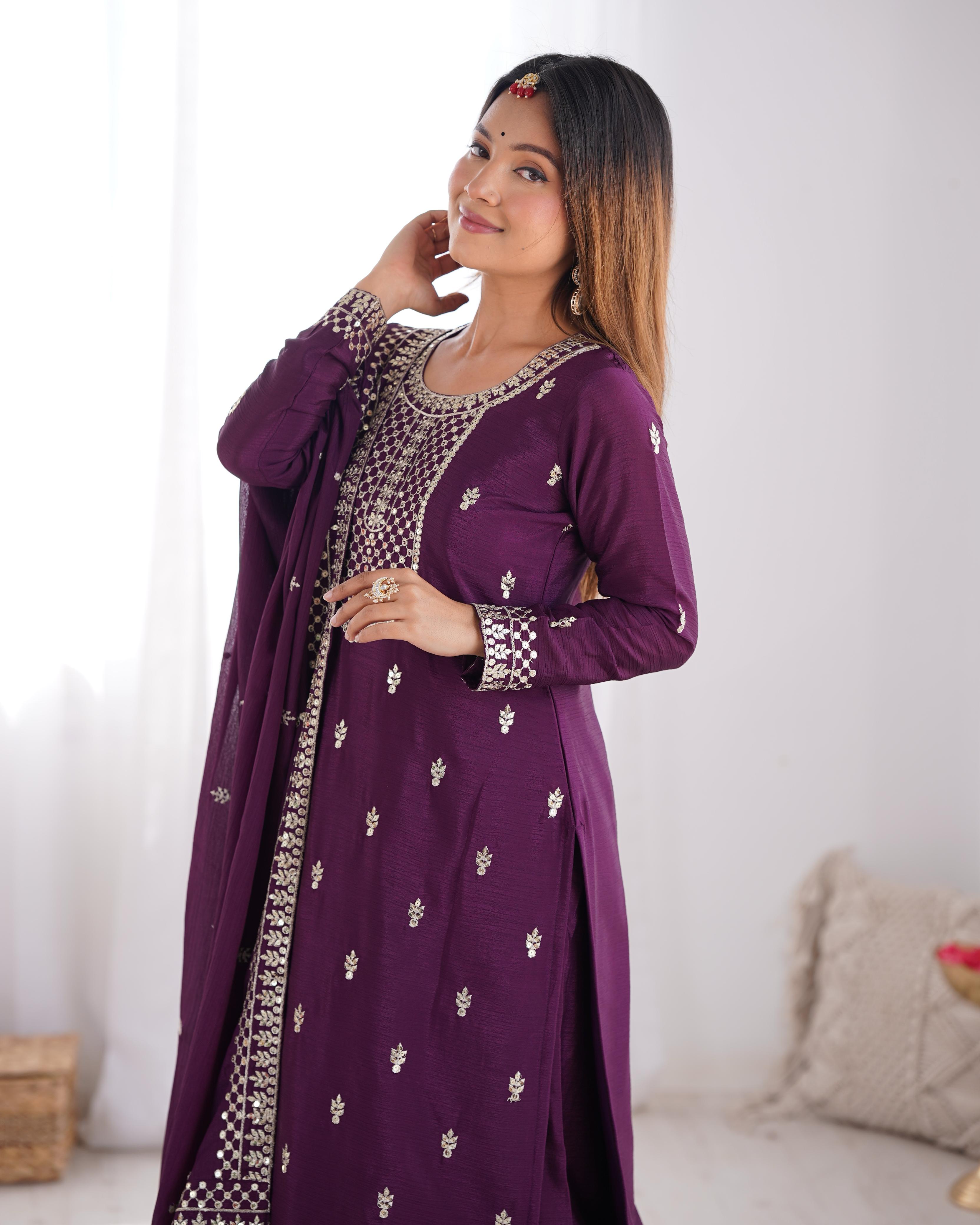 Wine Pure Chinon Silk Kurta Suit Set With Dupatta & Pant
