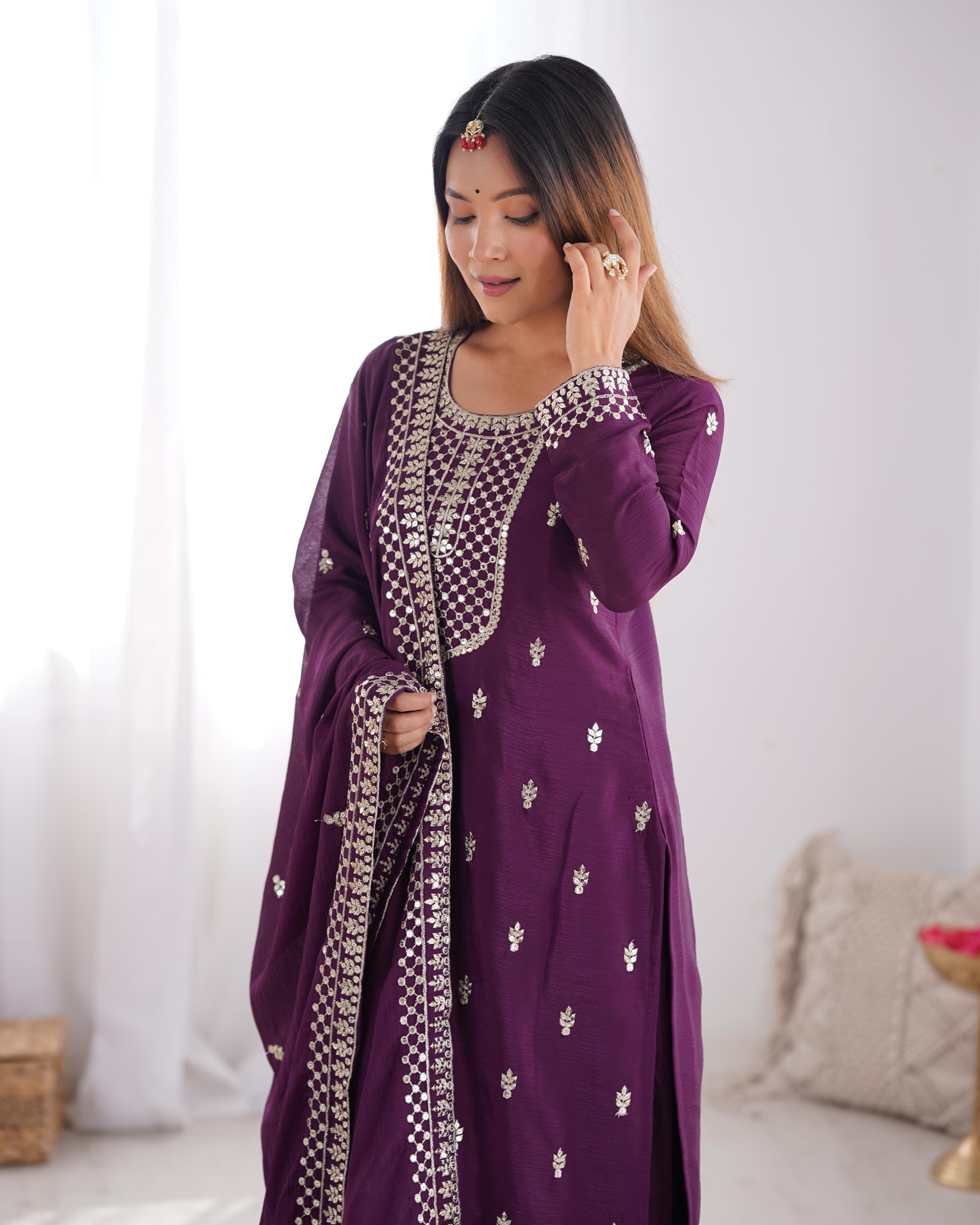 Wine Pure Chinon Silk Kurta Suit Set With Dupatta & Pant