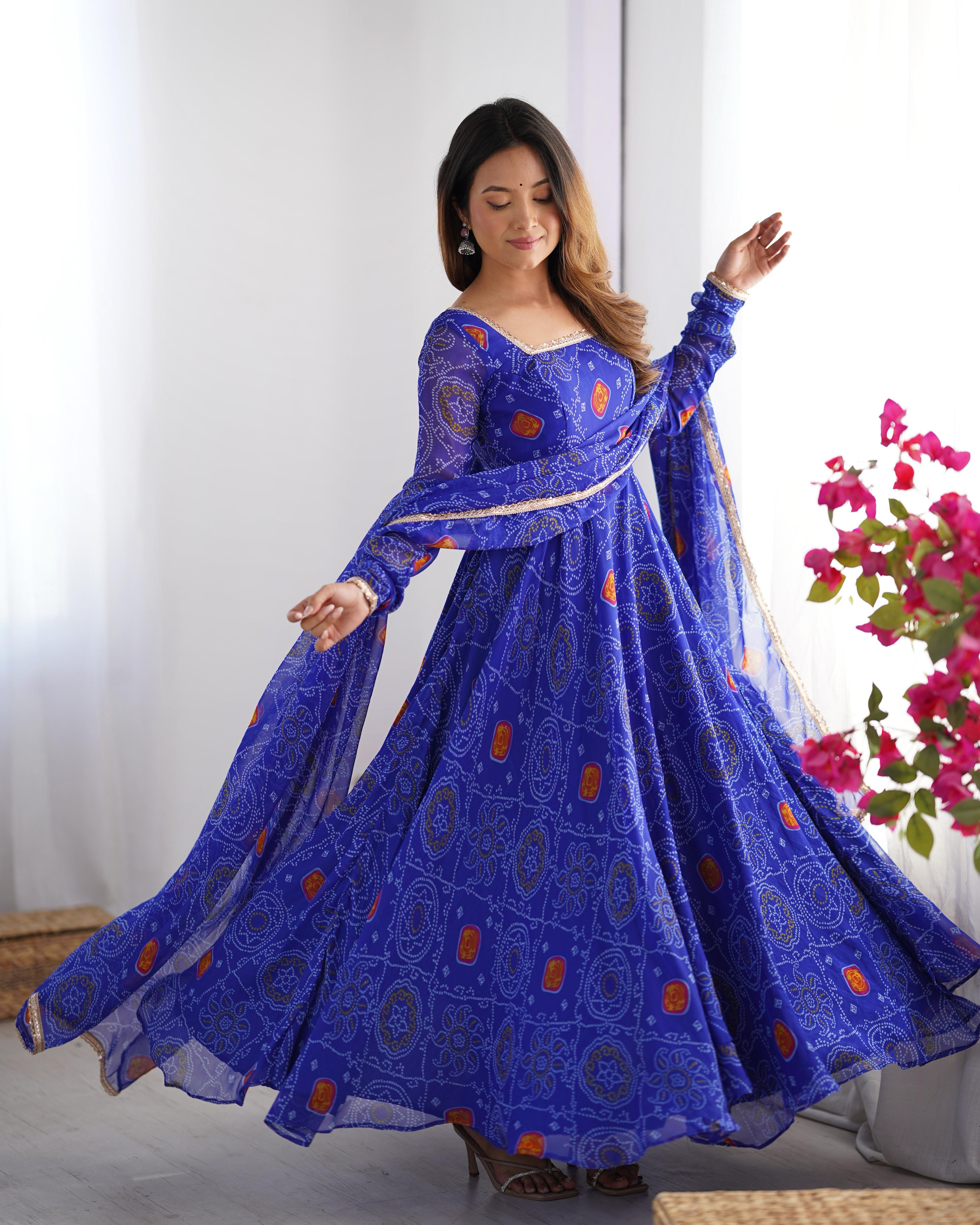 Royal Blue Pure Soft Lightweight Chiffon Anarkali Suit Set With Huge F – Bahu Palace