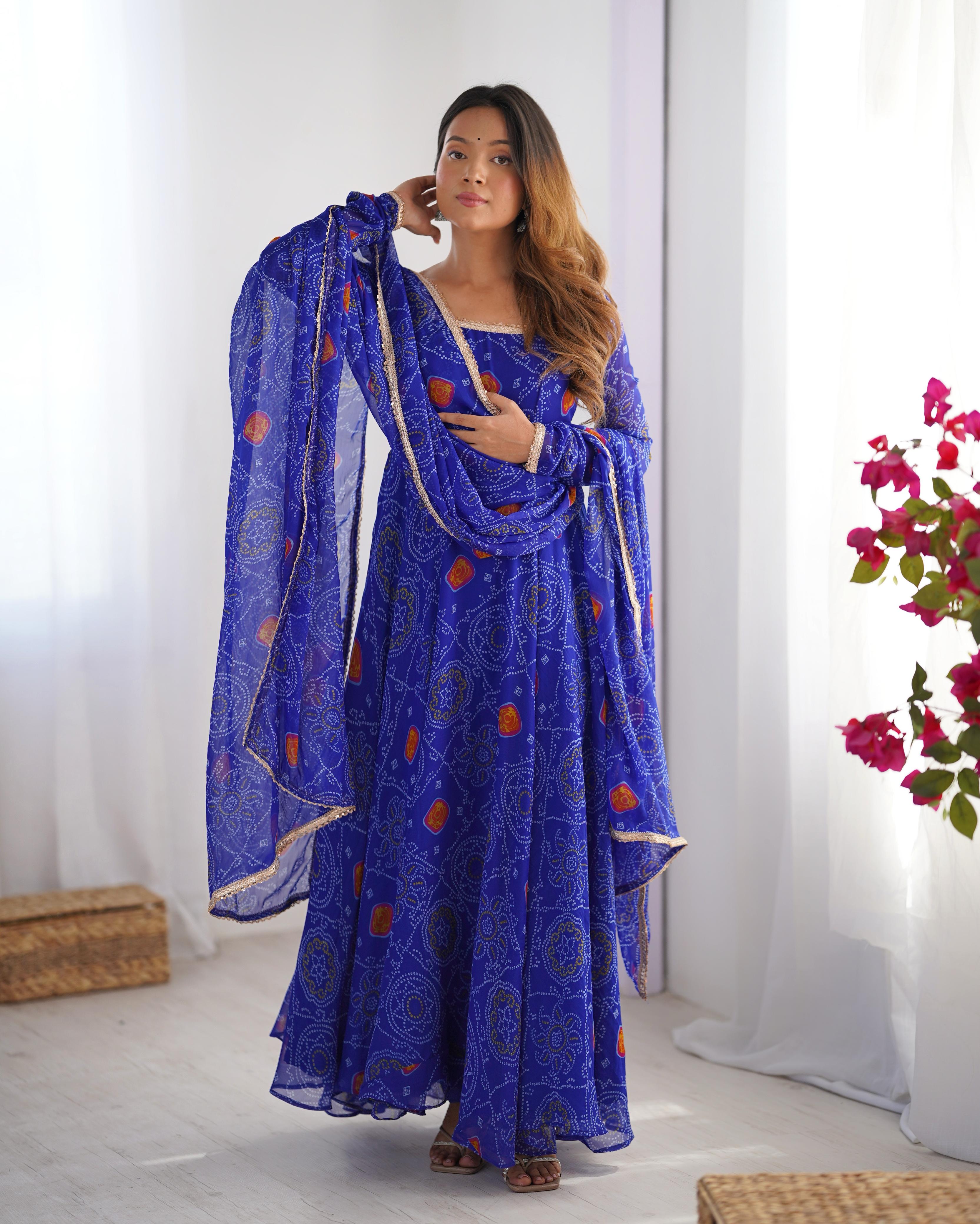 Royal Blue Pure Soft Lightweight Chiffon Anarkali Suit Set With Huge Flair, Dupatta & Pant