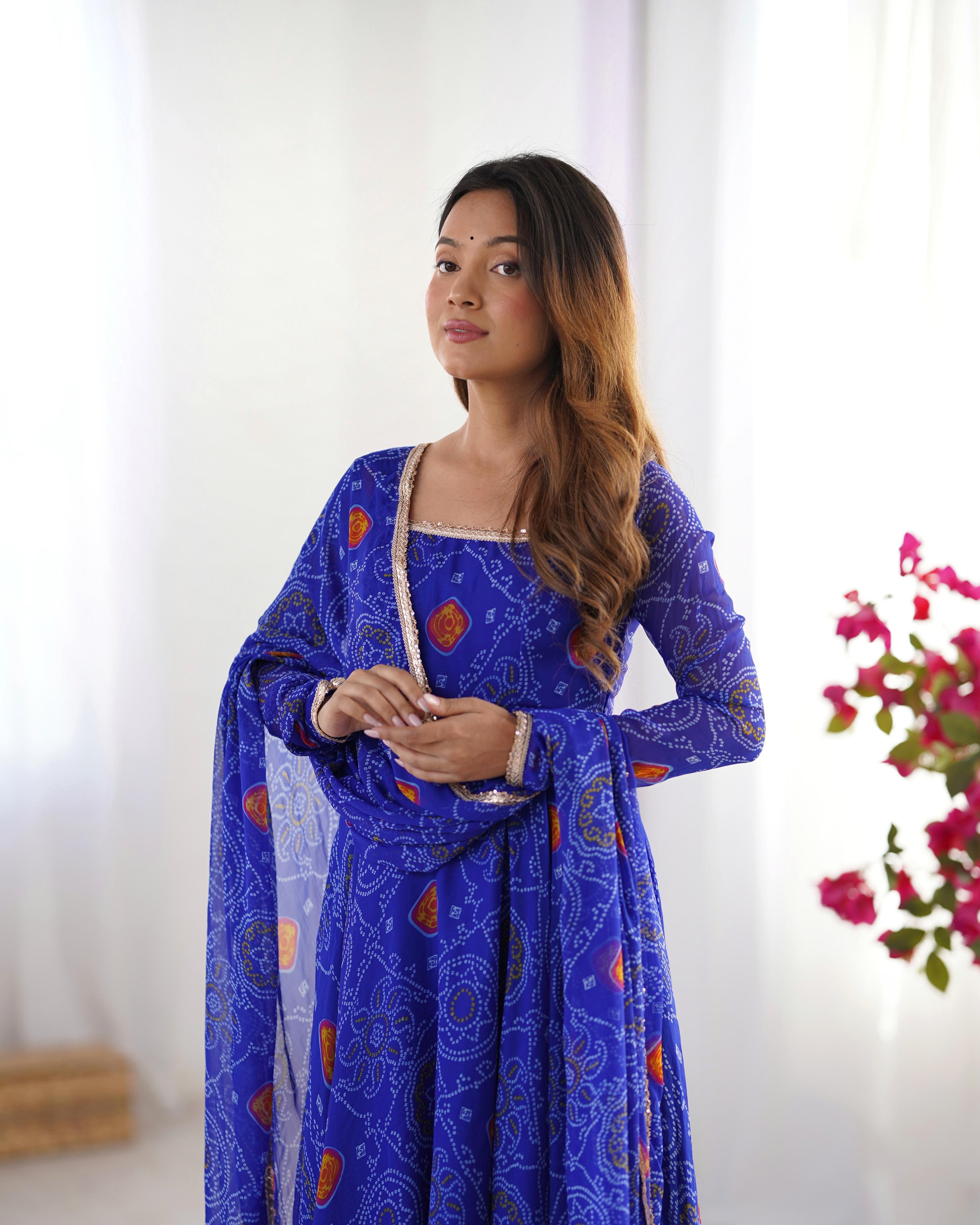Royal Blue Pure Soft Lightweight Chiffon Anarkali Suit Set With Huge Flair, Dupatta & Pant