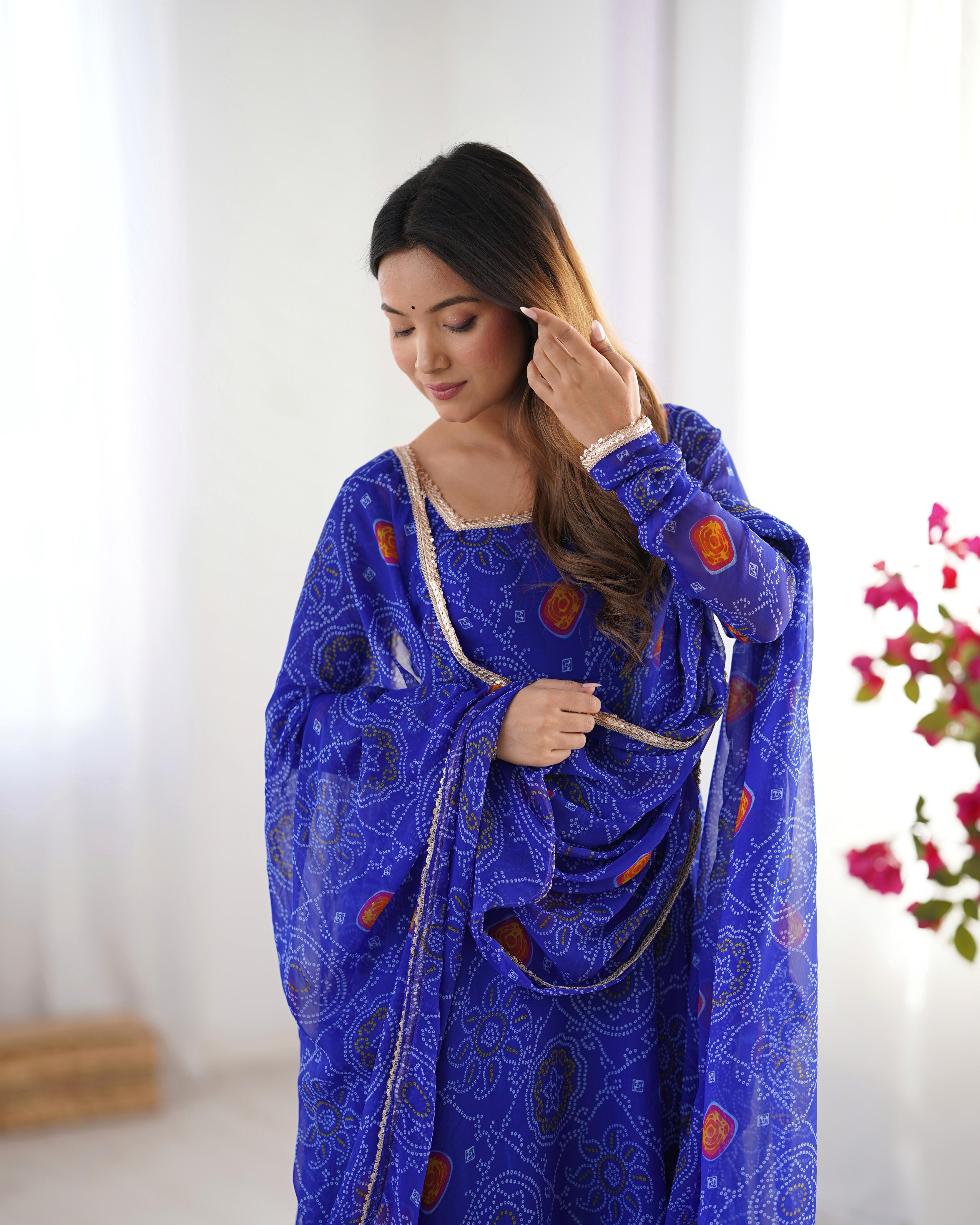 Royal Blue Pure Soft Lightweight Chiffon Anarkali Suit Set With Huge Flair, Dupatta & Pant