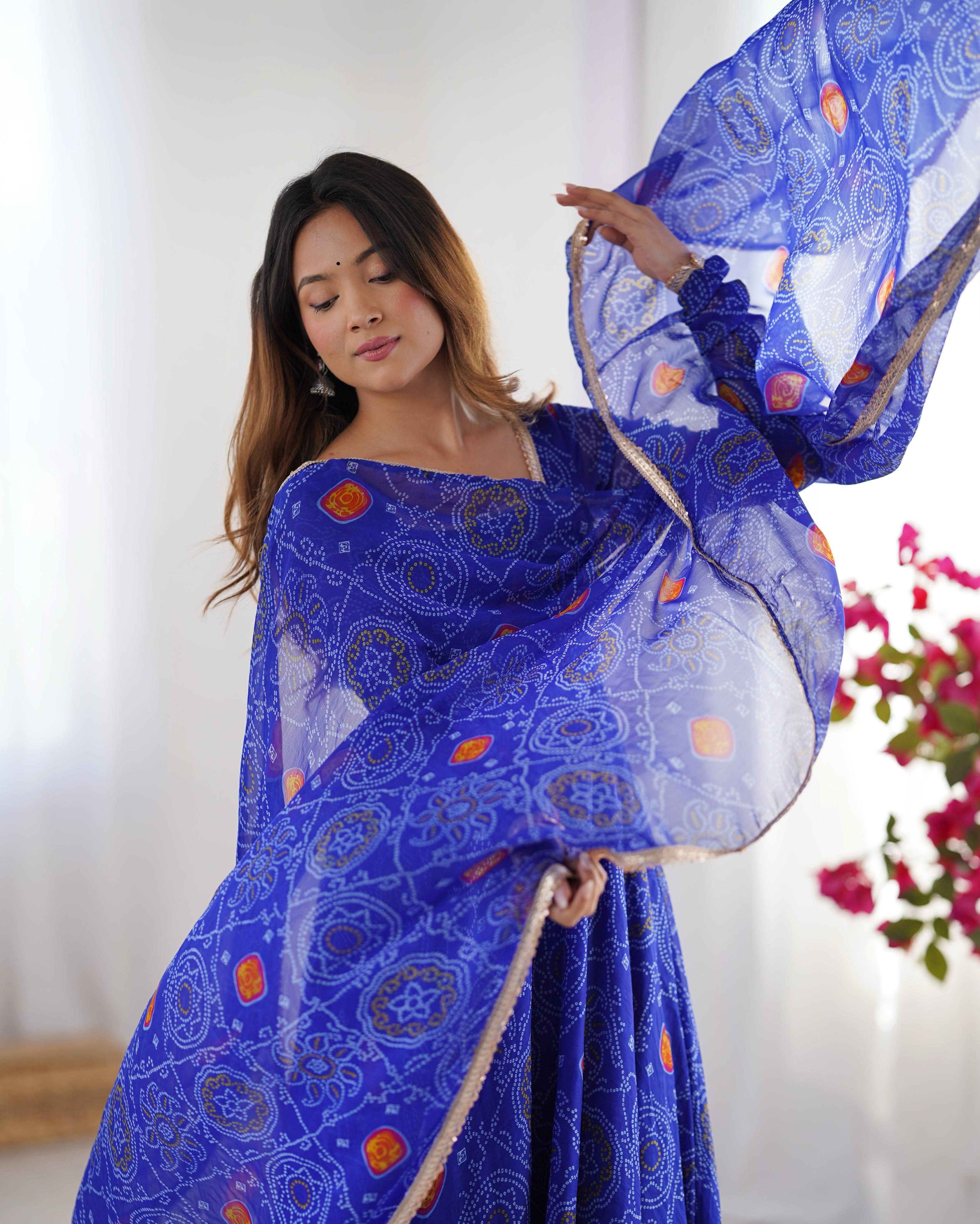 Royal Blue Pure Soft Lightweight Chiffon Anarkali Suit Set With Huge Flair, Dupatta & Pant