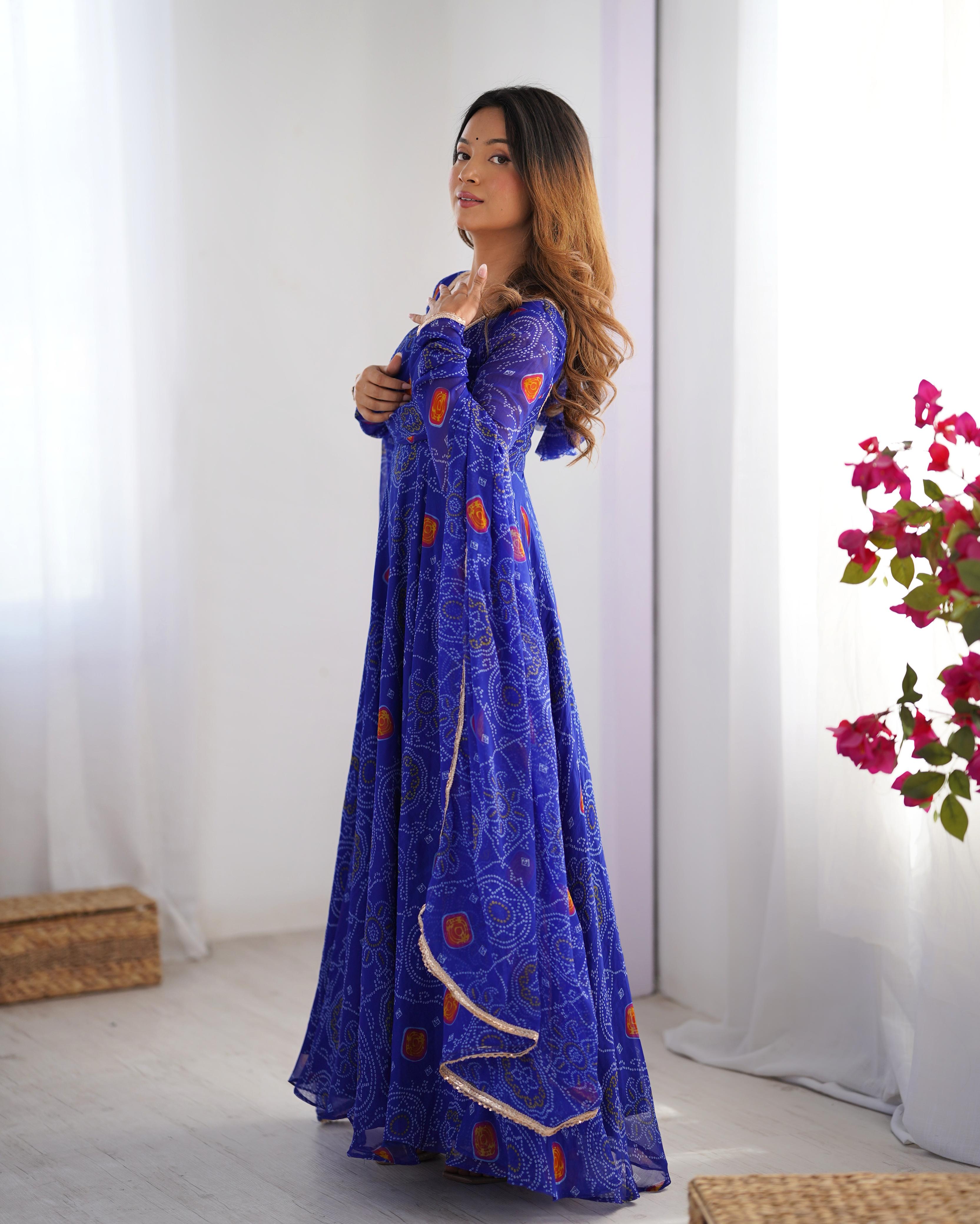 Royal Blue Pure Soft Lightweight Chiffon Anarkali Suit Set With Huge Flair, Dupatta & Pant