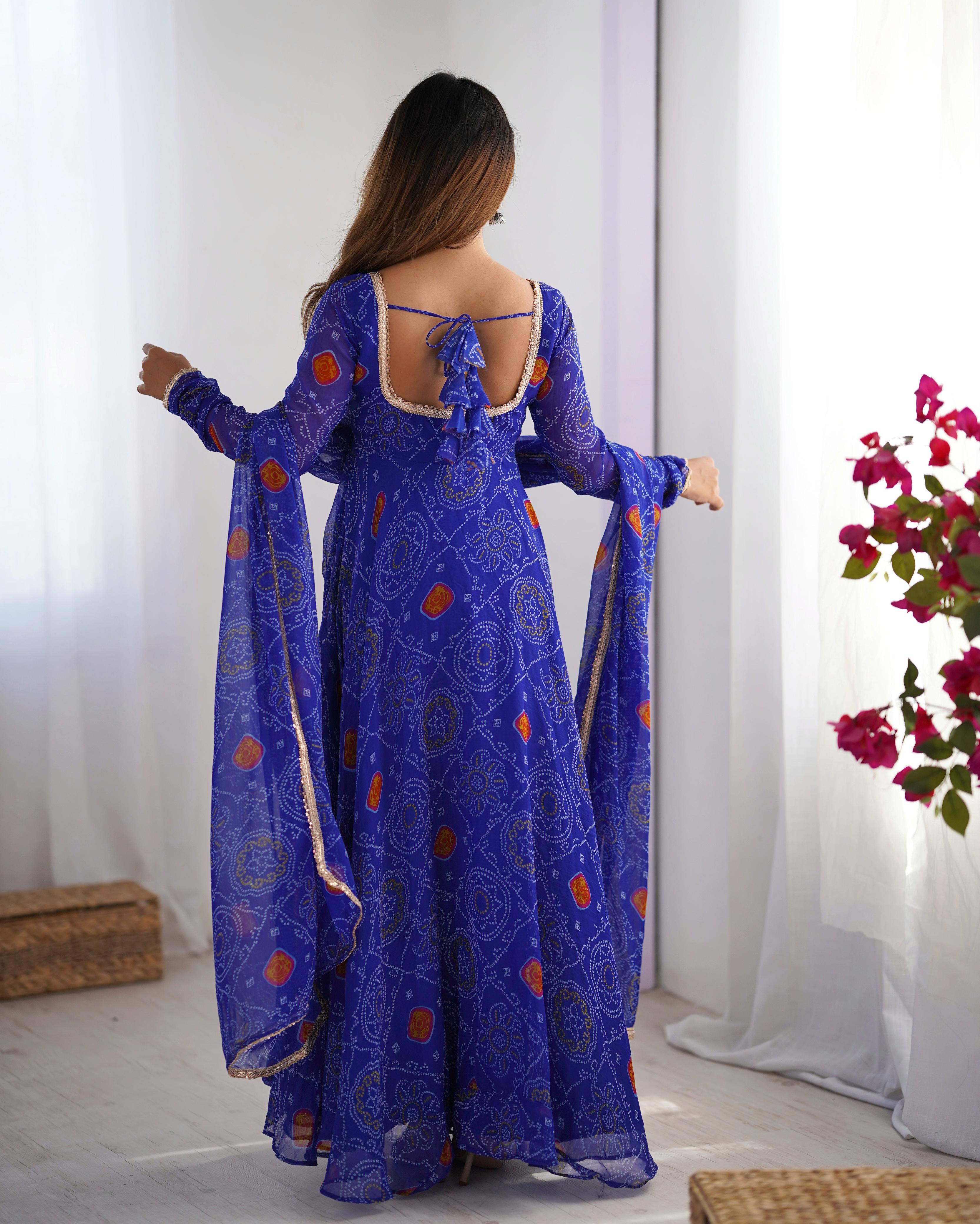 Royal Blue Pure Soft Lightweight Chiffon Anarkali Suit Set With Huge Flair, Dupatta & Pant