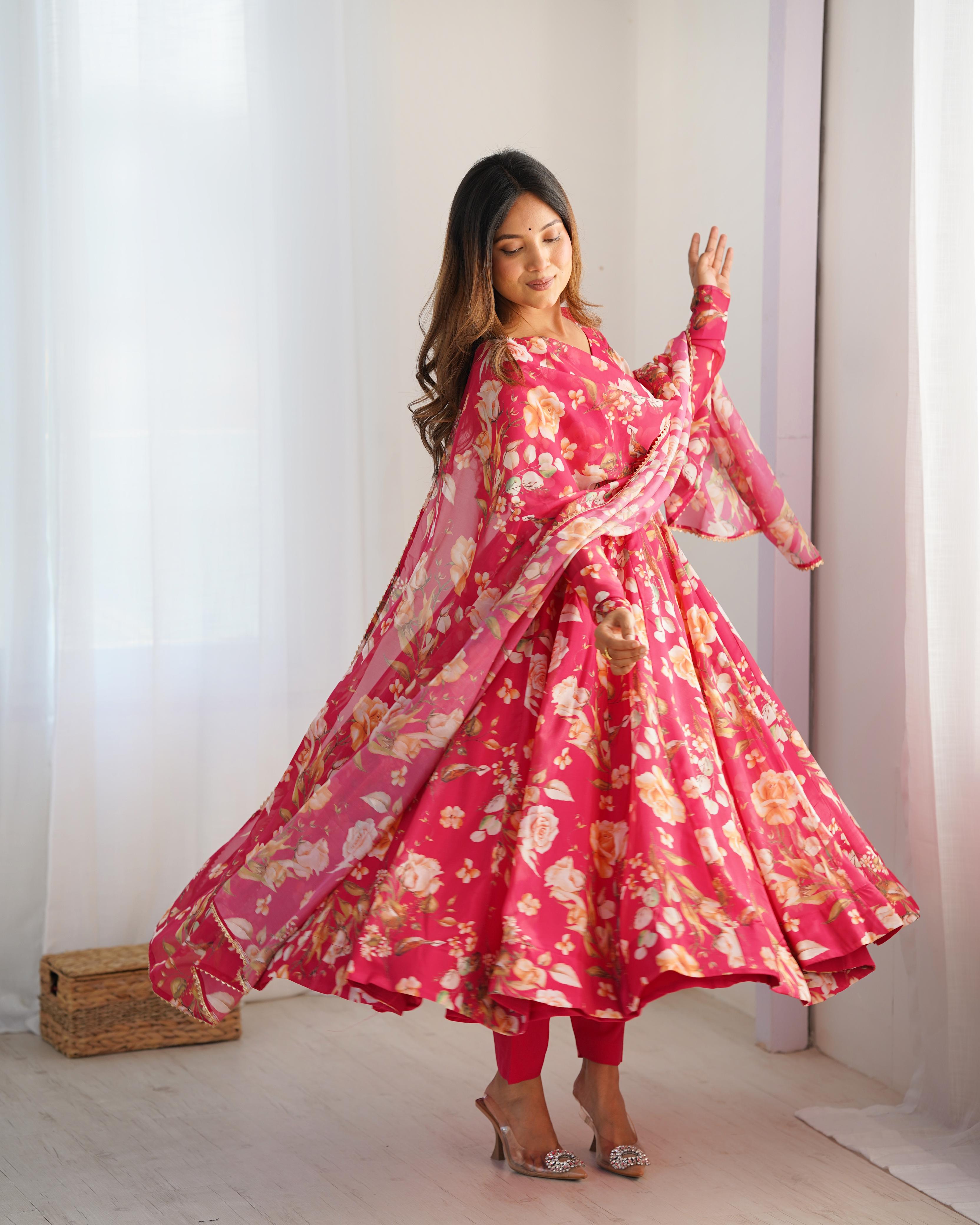 Pink Pure Soft Organza Anarkali Suit Set With Huge Flair, Dupatta & Pant