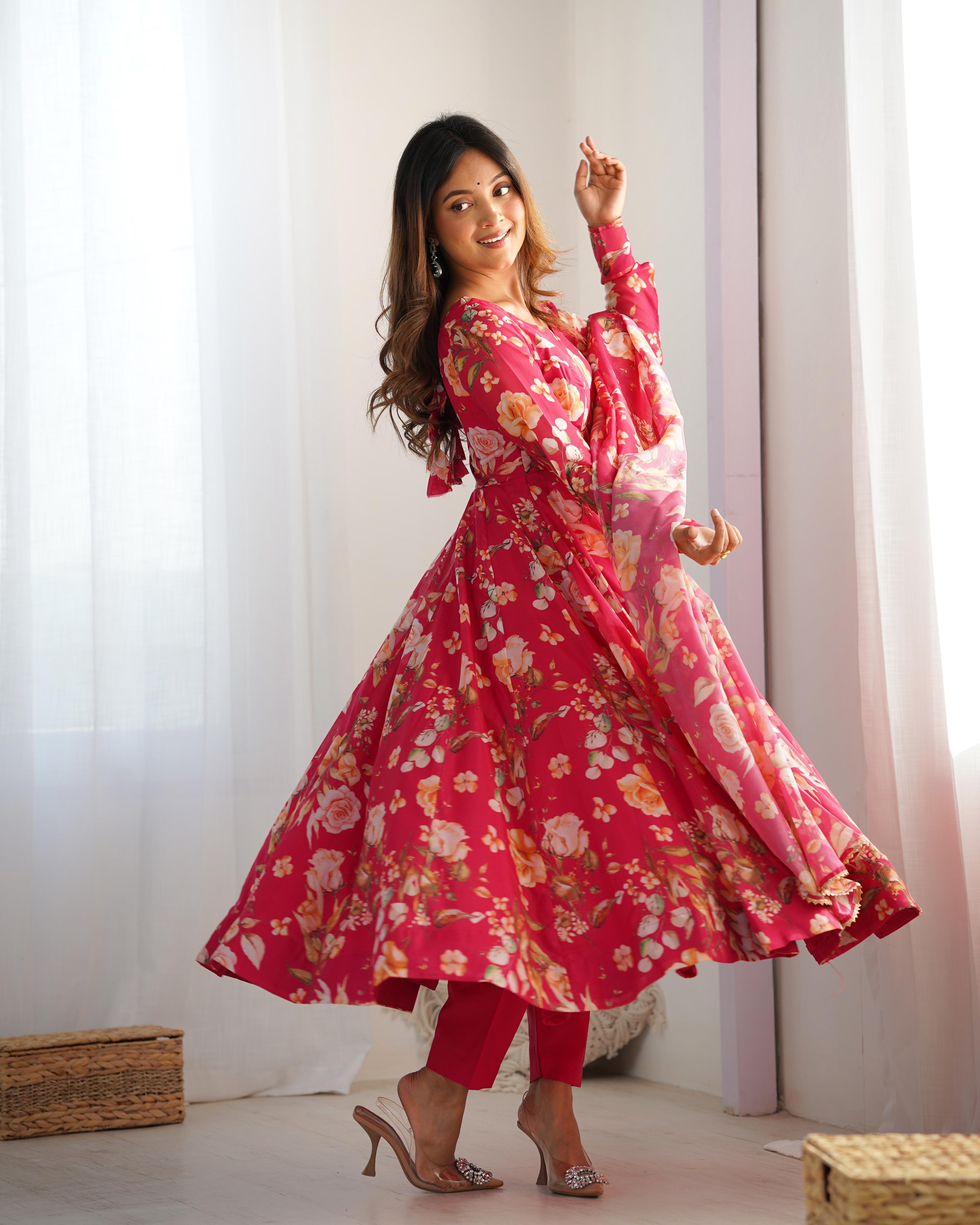 Pink Pure Soft Organza Anarkali Suit Set With Huge Flair, Dupatta & Pant