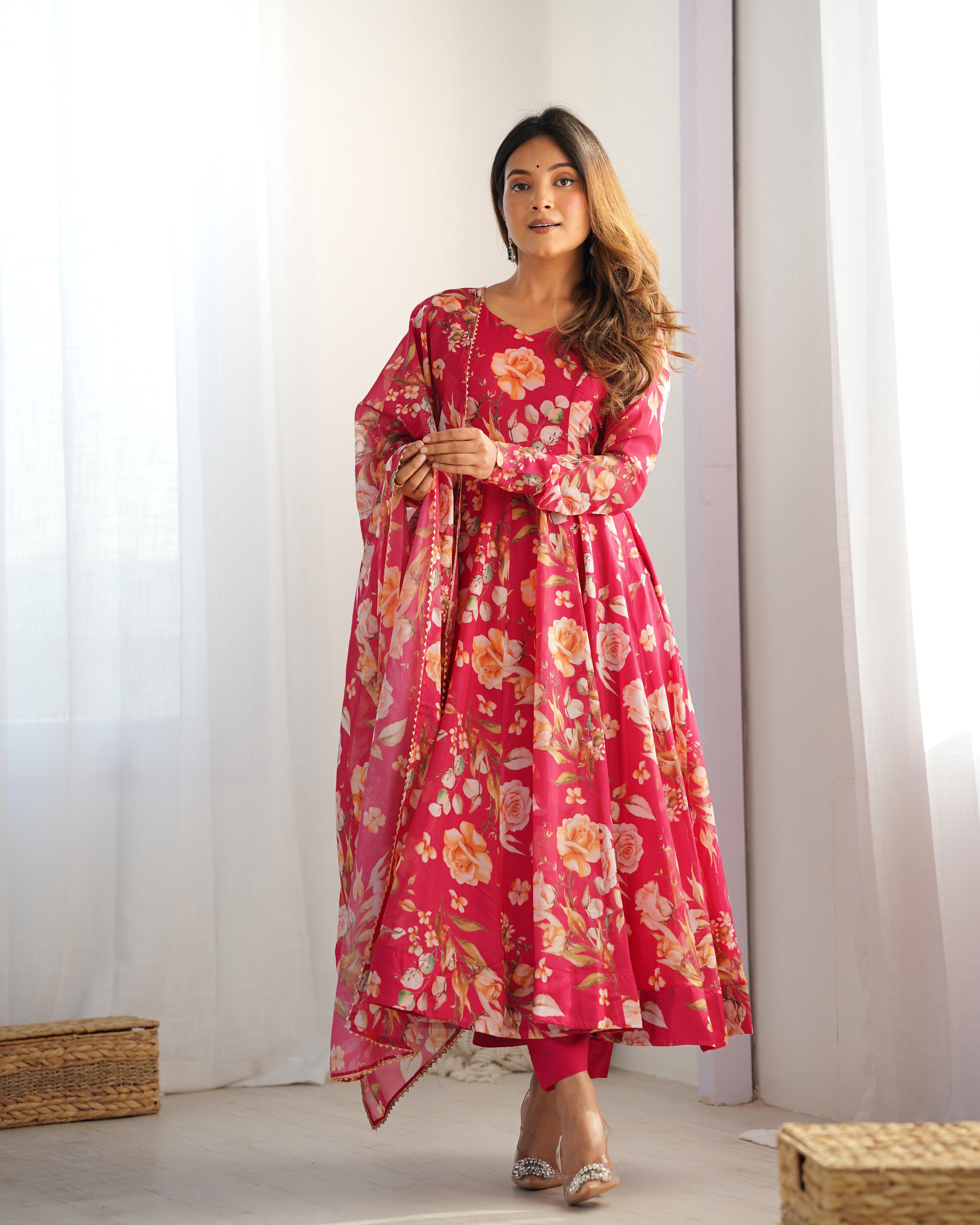 Pink Pure Soft Organza Anarkali Suit Set With Huge Flair, Dupatta & Pant