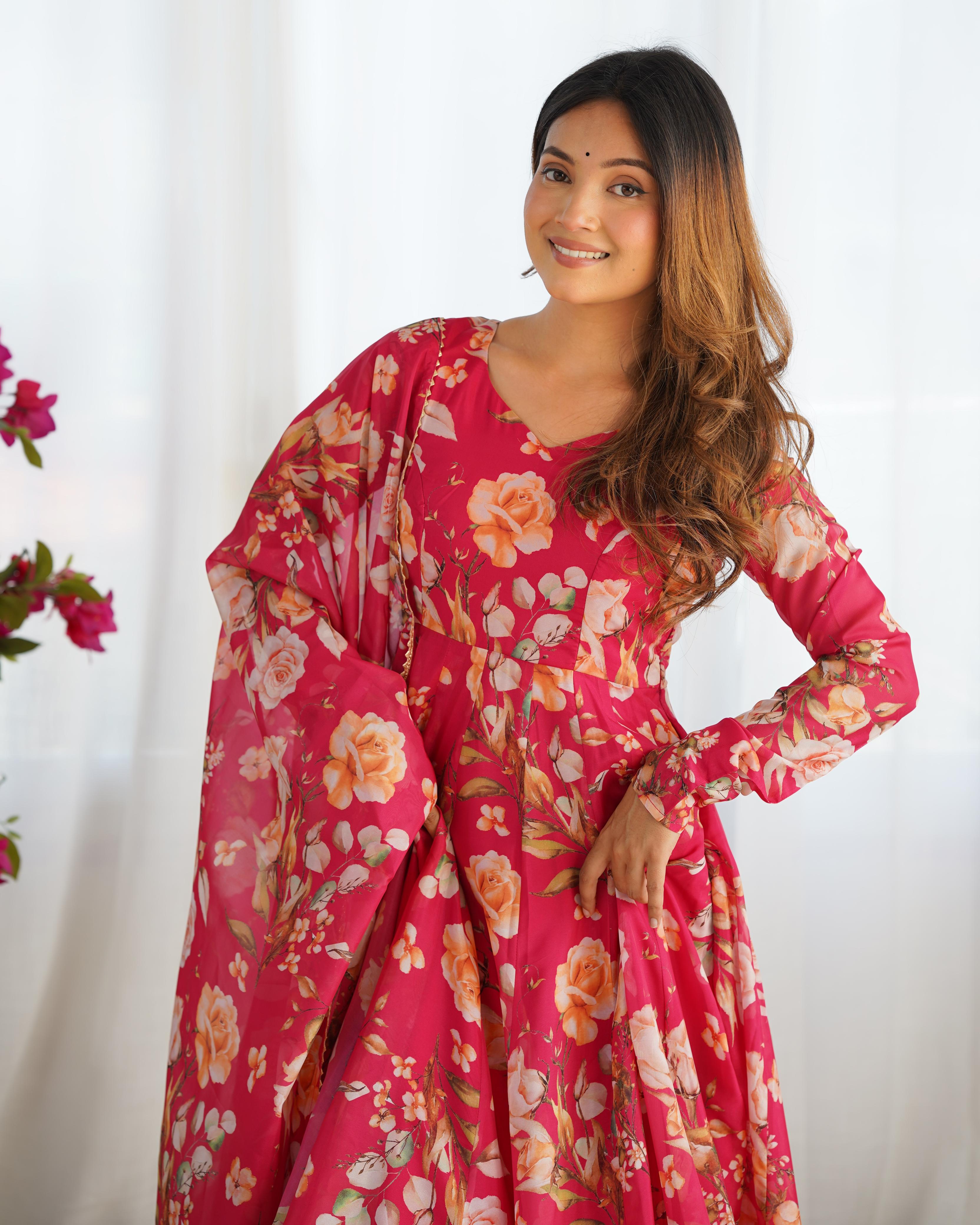 Pink Pure Soft Organza Anarkali Suit Set With Huge Flair, Dupatta & Pant